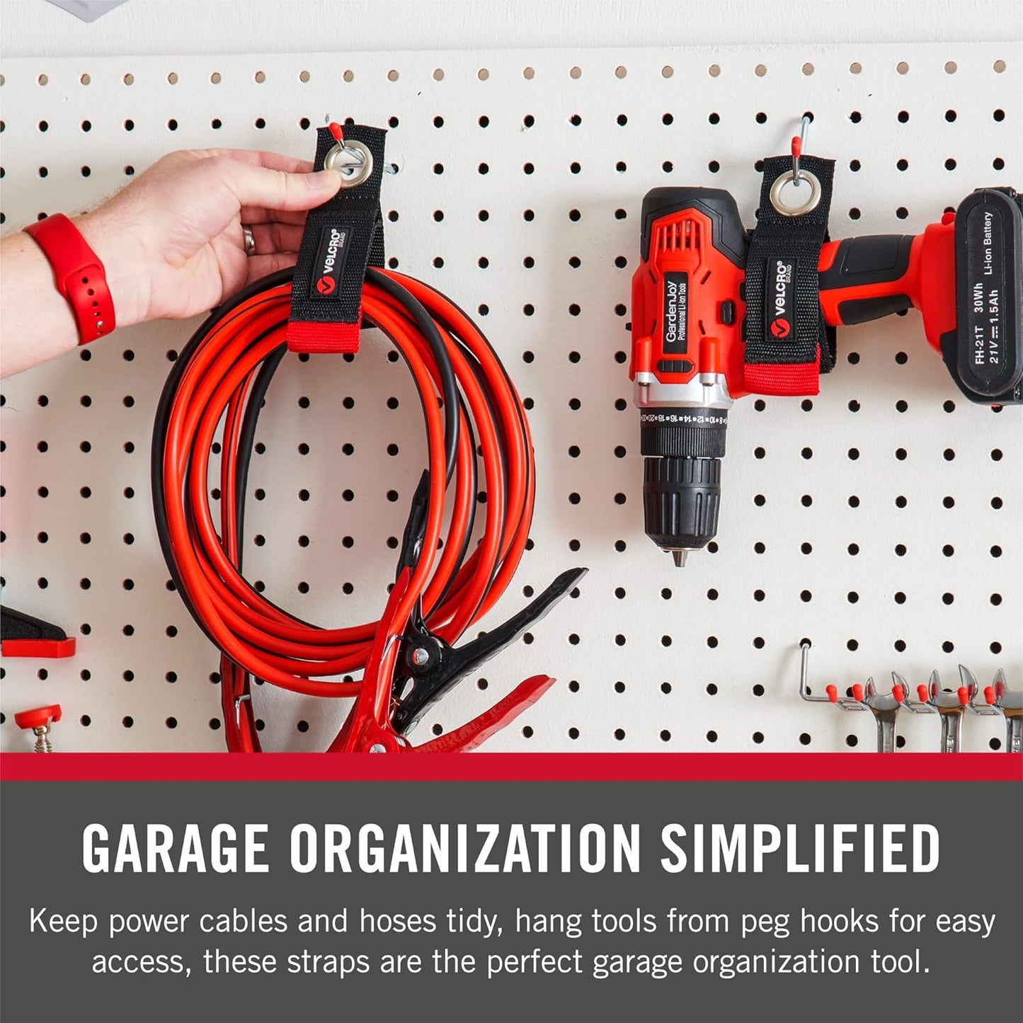 VELCRO Brand Extension Cord Organizer Holder. Heavy Duty Straps for Garage Organization and Storage. Rust Resistant Grommet Hangs Easily on Wall 2pk,Small 10-inch,60bs Weight Rating,Black