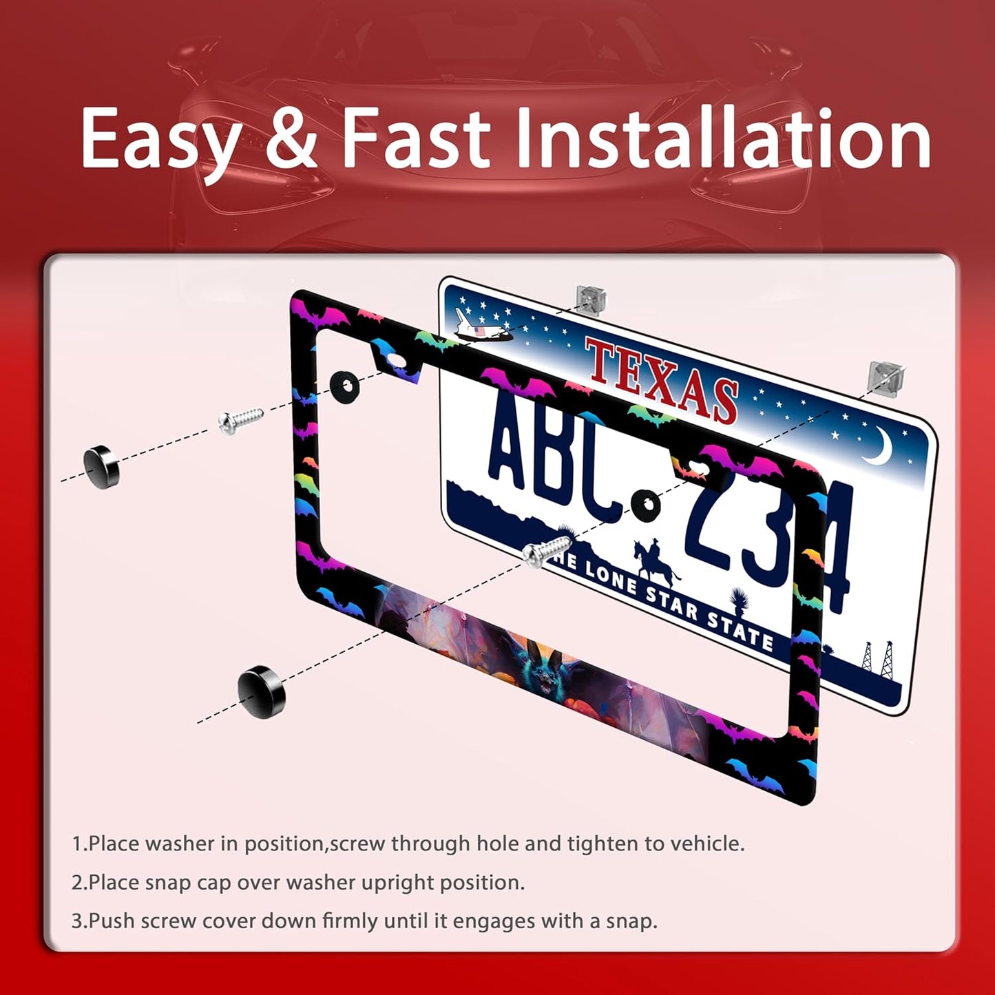 Bat License Plate Frame Funny Gothic License Plate Frames Stainless Steel Accessories Cars Decor with 2 Holes and Screws Reusable Fits Standard Us Ca Vehicles License Plate Holder 12.2 X 6 Inch