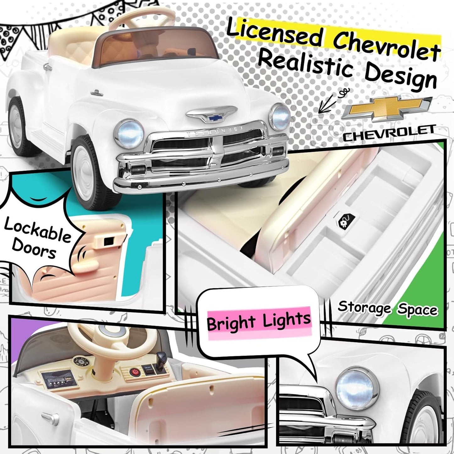 Joywhale 12V Kids Ride on Car Licensed Chevrolet 3100 Pickup Battery Powered Motorized Electric Car, with 7AH Big Battery, 2.4G Remote Control, 3-Speeds, Storage Space, Music, Retro Style, White