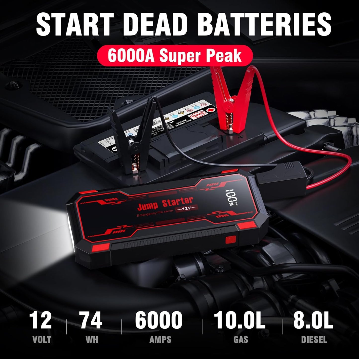 Car Jump Starter 6000A Car Battery Jump Starter Portable,12V Battery Jumper Starter Portable(10.0L Gas/8.0L Diesel),LCD Display Jump Box Jump Starter Battery Pack with Jumper Cables & Flashlight-Red