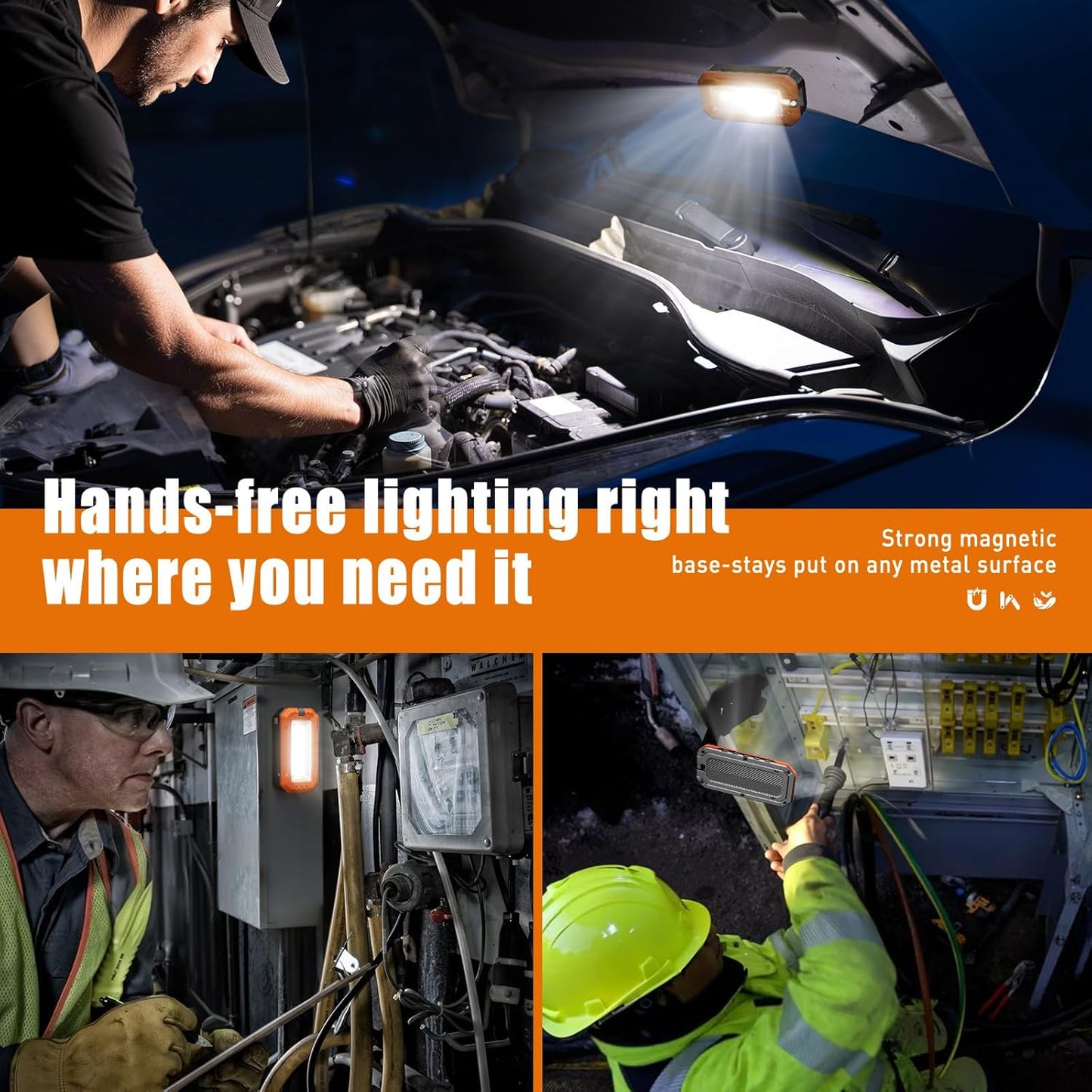 M KARMATER Rechargeable Work Light with Magnetic Base, 1200 Lumens LED Work Light, Portable Magnetic Work Lights with Hook Mechanic Light for Job Site, Workshop, Emergency and Camping