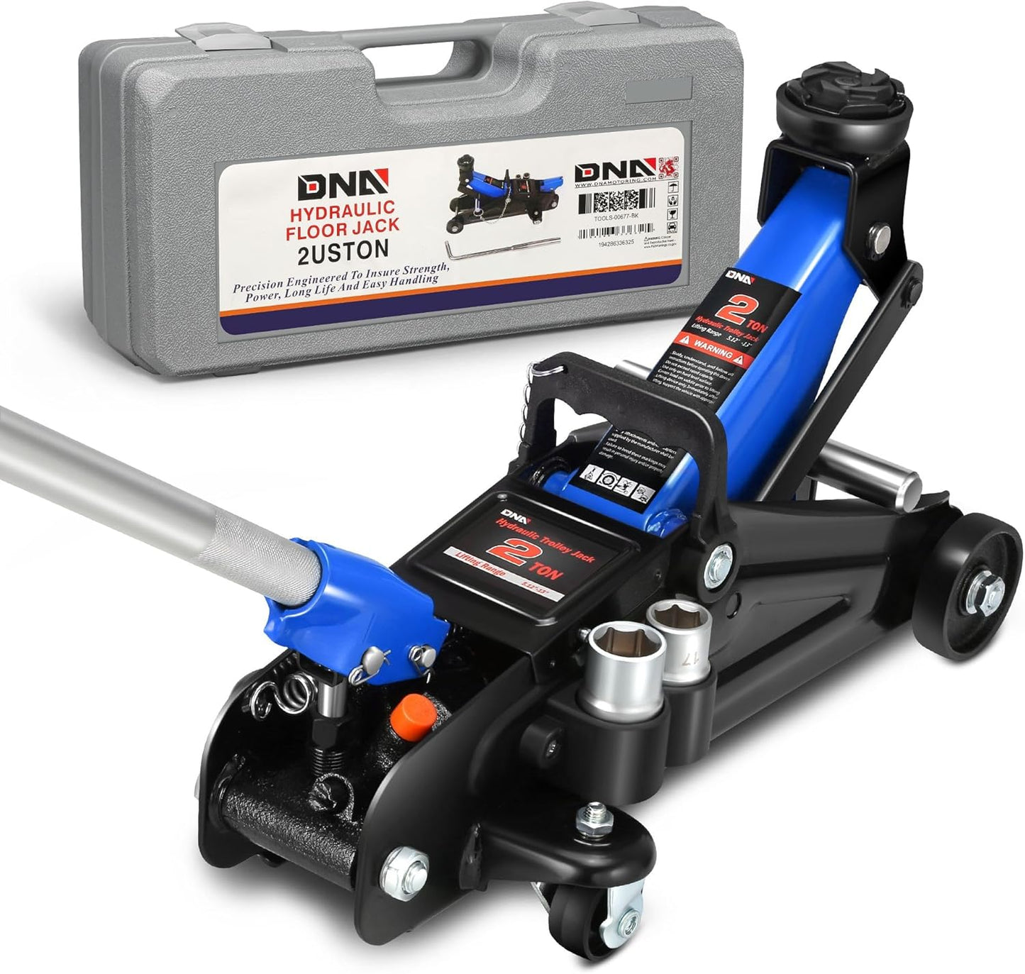 DNA MOTORING Floor Jack with Socket and Lock, Low Profile Hydraulic Trolley Jack for Cars Lift, 2 Ton (4000 lbs) Capacity, Lifting Range 5.12"-13", Blue, TOOLS-00677-BL
