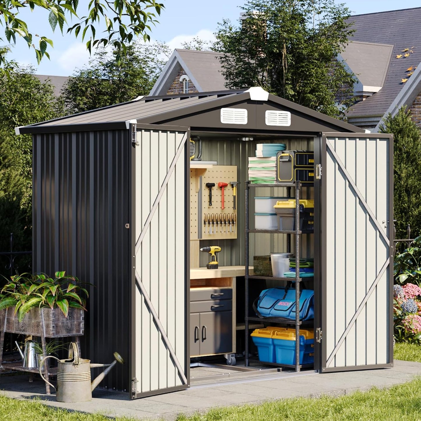 Aoxun 6x3.9 FT Shed with Base Metal Outdoor Storage Shed Garden Shed with Lockable Doors Tool Shed Bike Shed for Backyard, Patio, Poolside (Black)