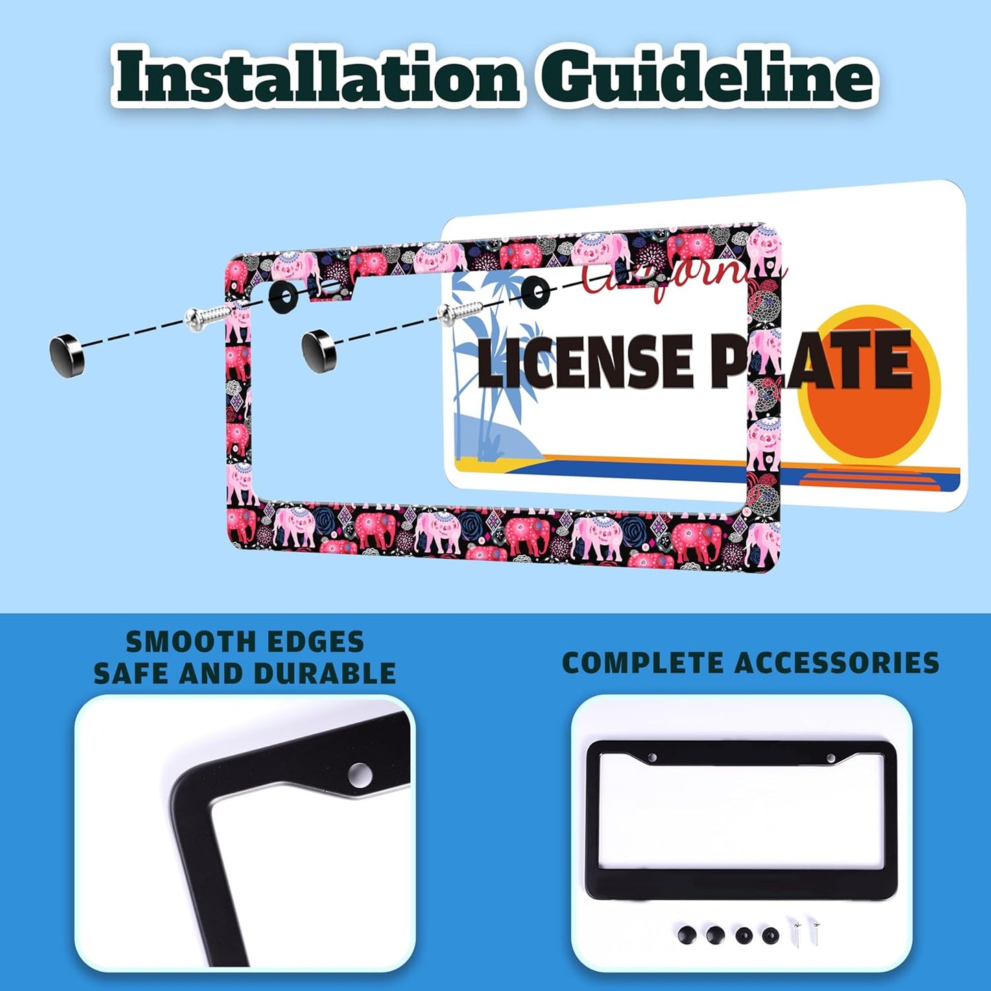 Tribal Elephant License Plate Frame Beautiful Animal License Plate Holder for Front or Rear Car Tags Reusable Stainless Steel Funny Car Decoration with Screws 6.3 X 12.2 Inch