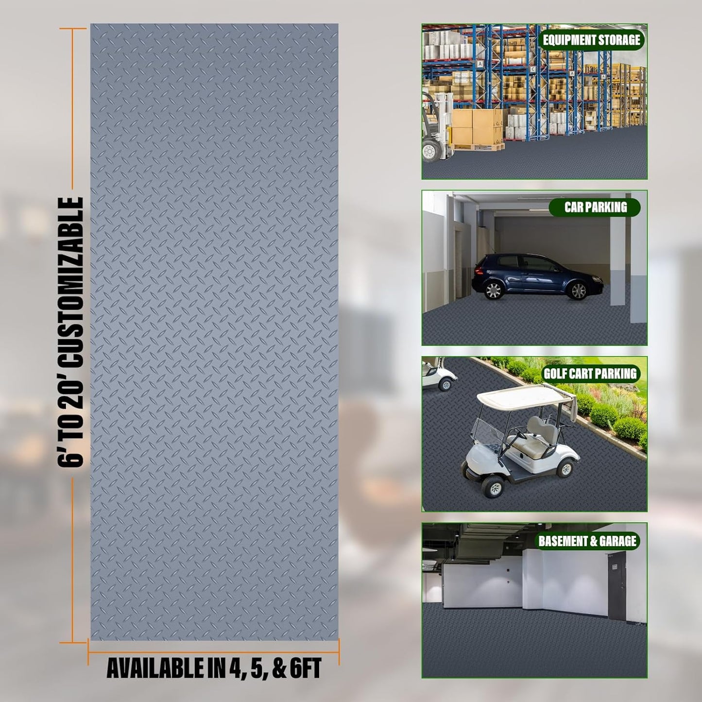 SEAL 4 x 10 Ft Premium Garage Floor Mat, Solid 2.8mm Thick Gray Commercial Grade Heavy Duty Parking Mat for Garage Floor, Golf Cart Parking, Water/Stain Resistant Floor Runner (Embossed Diamond Plate)