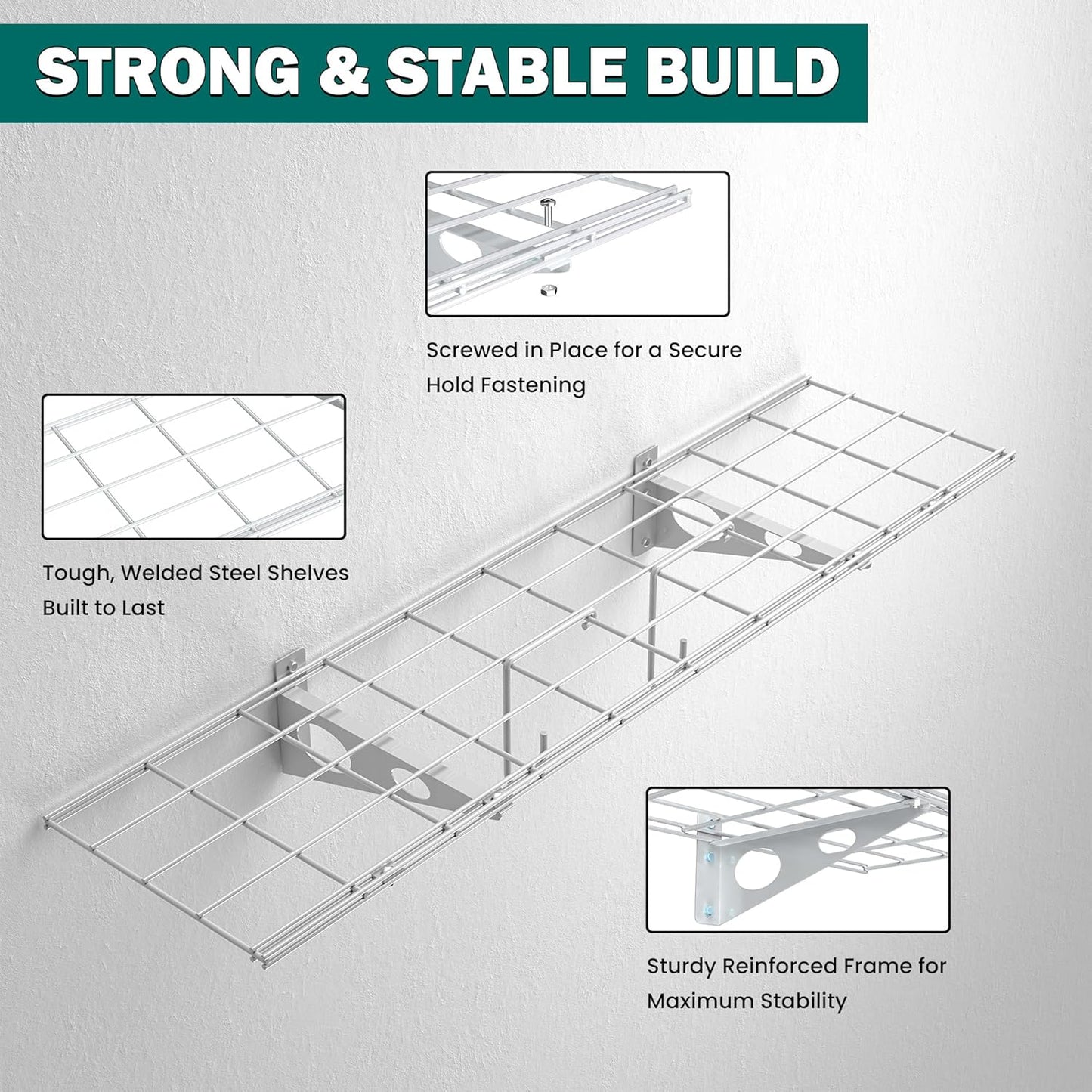 EVERHANGER Garage Wall Shelves, 12 X 48 Inch Wall Mounted Storage Shelves, Heavy Duty Metal Shelving with Hooks, 2 Pack, White