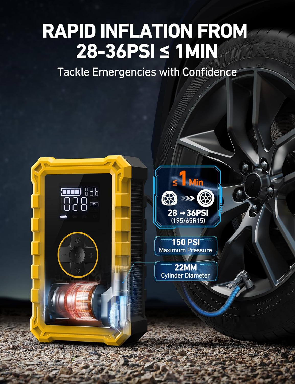 AstroAI S8 Air Jump Starter with Air Compressor, 1500A Car Battery Jumper Starter Portable (6.0 Gas/3.0L Diesel) with 150PSI Cordless Auto-Shutoff Tire Inflator, 12V Battery Charger Booster(Yellow)