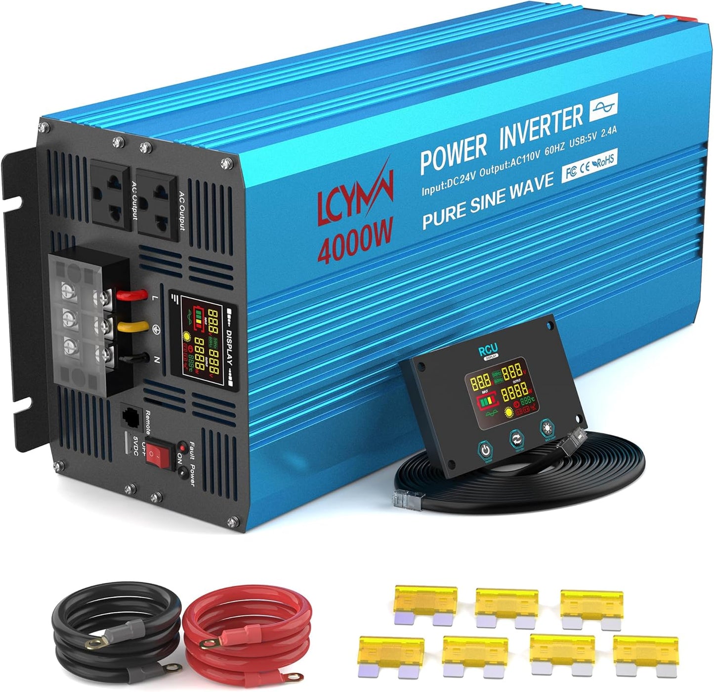4000 Watt Pure Sine Wave Power Inverter DC 24V to 110/120V AC with 2 AC Charger Outlets and Wiring Terminal 8000W Peak Car Solar Converter for Vehicles Home with LCD Display and 2.4A USB Charging Port