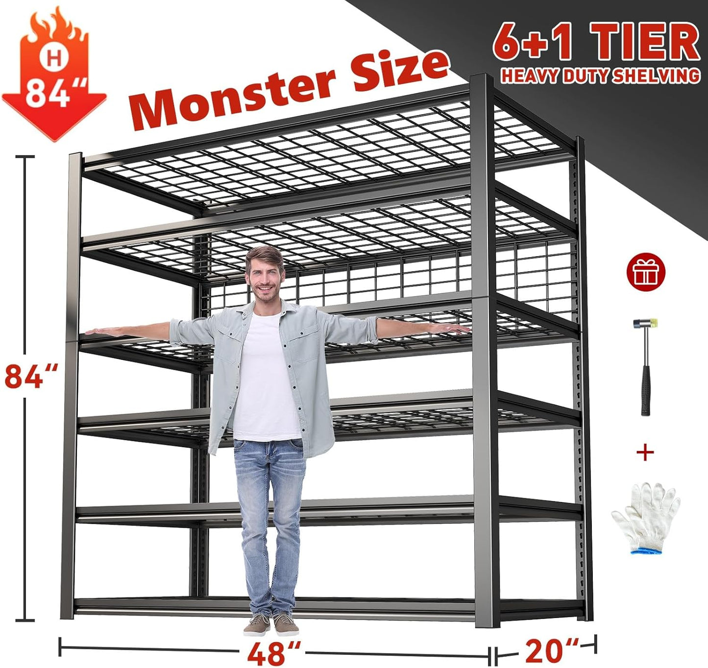 REIBII 84" H Garage Shelving, 6-Tier Storage Shelves Heavy Duty Loads 3500LBS, 48" W Adjustable Garage Shelves, Metal Shelving for Basement, Warehouse, 84" H x 48" W x 20" D, 3PC