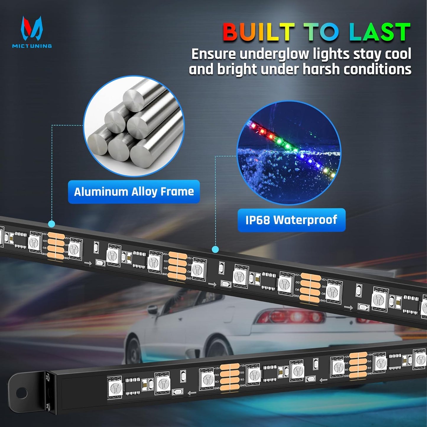 MICTUNING 8Pcs N8+ RGBW Underglow LED Lights for Cars, APP & Remote Dual Control, IP68 Waterproof Aluminum Multicolor Modes Music Soundsync Exterior Neon Accent LED Light Bar, 2 Years Warranty