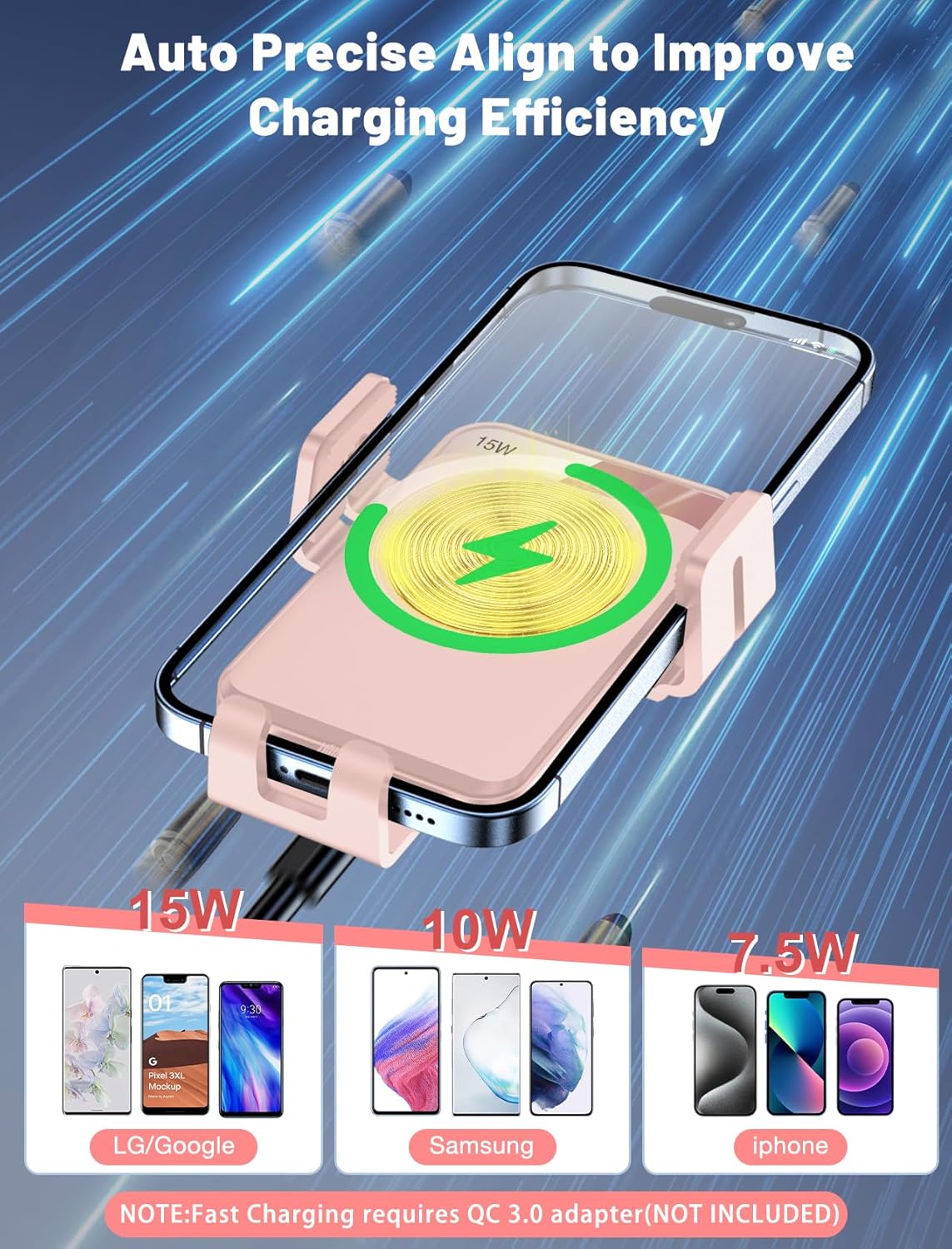 MOKPR Wireless Car Charger, Auto-Clamping Car Mount 15W/10W/7.5W Fast Charging Air Vent Car Phone Mount Compatible with iPhone 15/14/13/13 Pro/12 Pro Max/12 pro/12/11/10 Series, Samsung Galaxy Pink