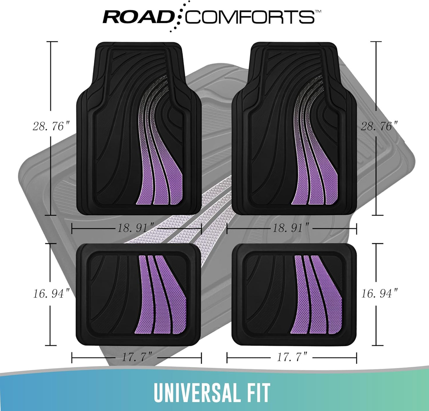 Road Comforts Car Floor Mats Full Set – Front & Rear Car Floor Mats with Aluminum Design, Anti-Slip Backing, All-Weather Protection, Trim-to-Fit Car Mats for Most Sedans, SUVs & Vans - Purple