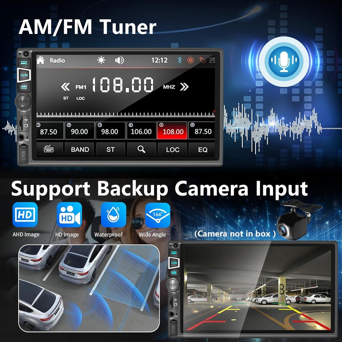 Double Din Car Stereo Compatible with Wireless Carplay&Android Auto&Mirror Link,7 Inch HD 1024 * 600 Touchscreen with Bluetooth 5.2,Backup Camera Input,Voice Control,USB/AUX/TF/SWC/MIC,AM/FM Radio