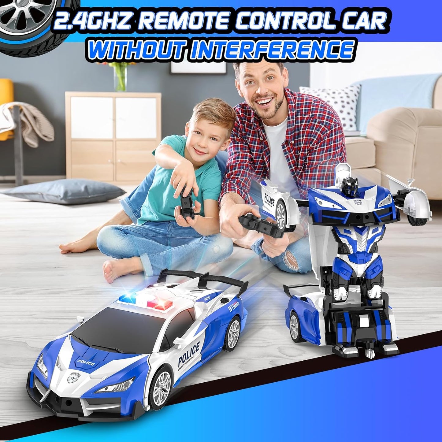 Remote Control Car for Boys 4-7, 2.4GHz RC Car 1:18 Scale, One-Button Transforming Toy with 360° Spins, LED Lights (Blue)