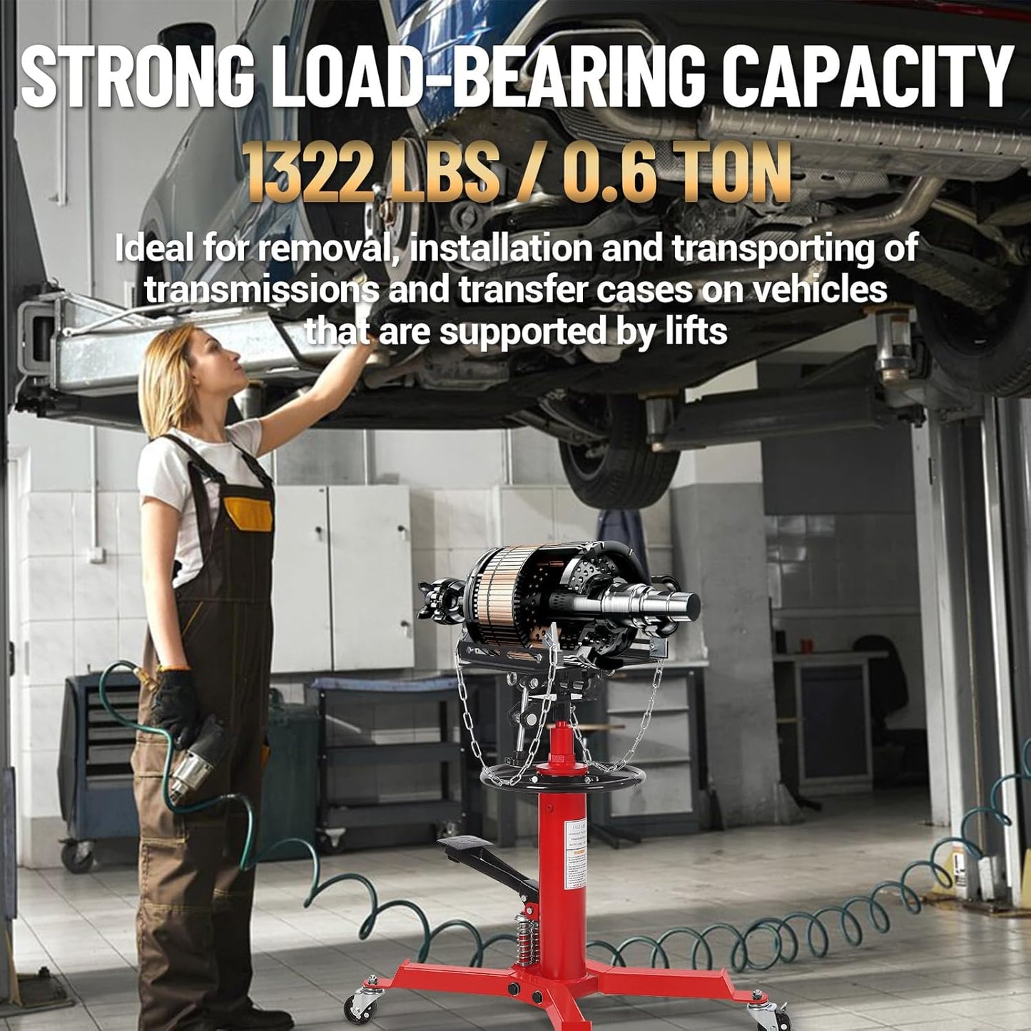 Transmission Jack with 2 Stage Hydraulic Ram, 1322 LBS Hydraulic Telescoping Transmission Jack with Foot Pedal & 360° Swivel Wheels, Heavy-Duty Garage/Workshop Jacks for Car/Truck Repairs, Red