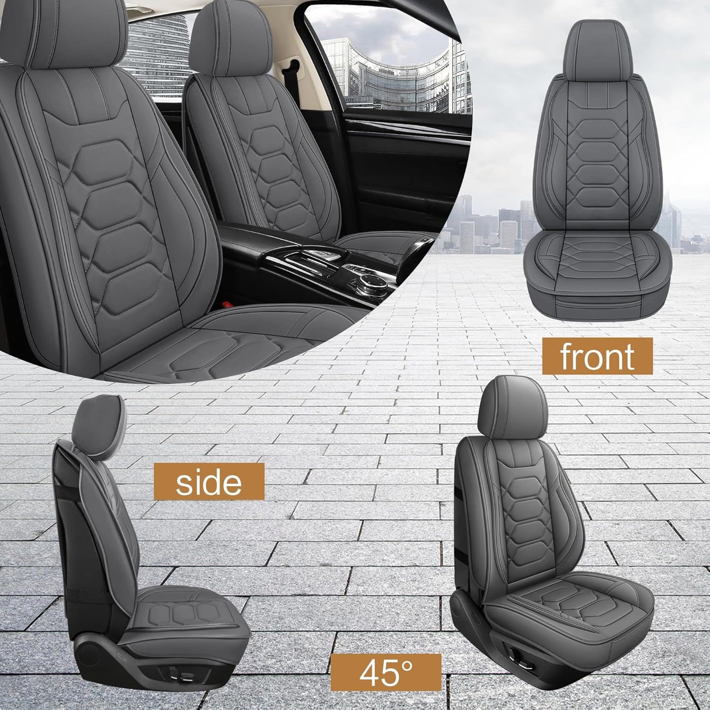 Pariitadin Leather Car Seat Covers Full Set, Waterproof Breathable Faux Leather Automotive Seat Covers for Cars, Non-Slip Car Interior Covers Universal Fit Most Cars Sedans Trucks SUVs, Gray