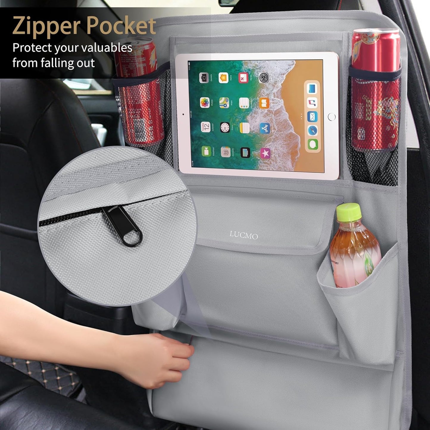 LUCMO Car Backseat Organizer with Touch Screen Tablet Holder,9 Storage Pockets Car Storage Organizer,Protectors Kick Mats Travel Accessories for Kids-Grey