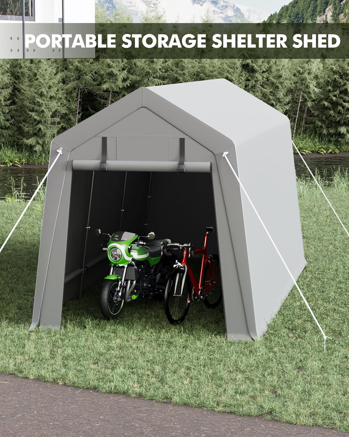 TrailBlaze 7x12ft Outdoor Portable Storage Shelter Shed, Carport Storage Shed with Roll-up Zipper Door & Vents, Heavy Duty Portable Garage with UV Resistant and Waterproof Tarp for Motorcycle
