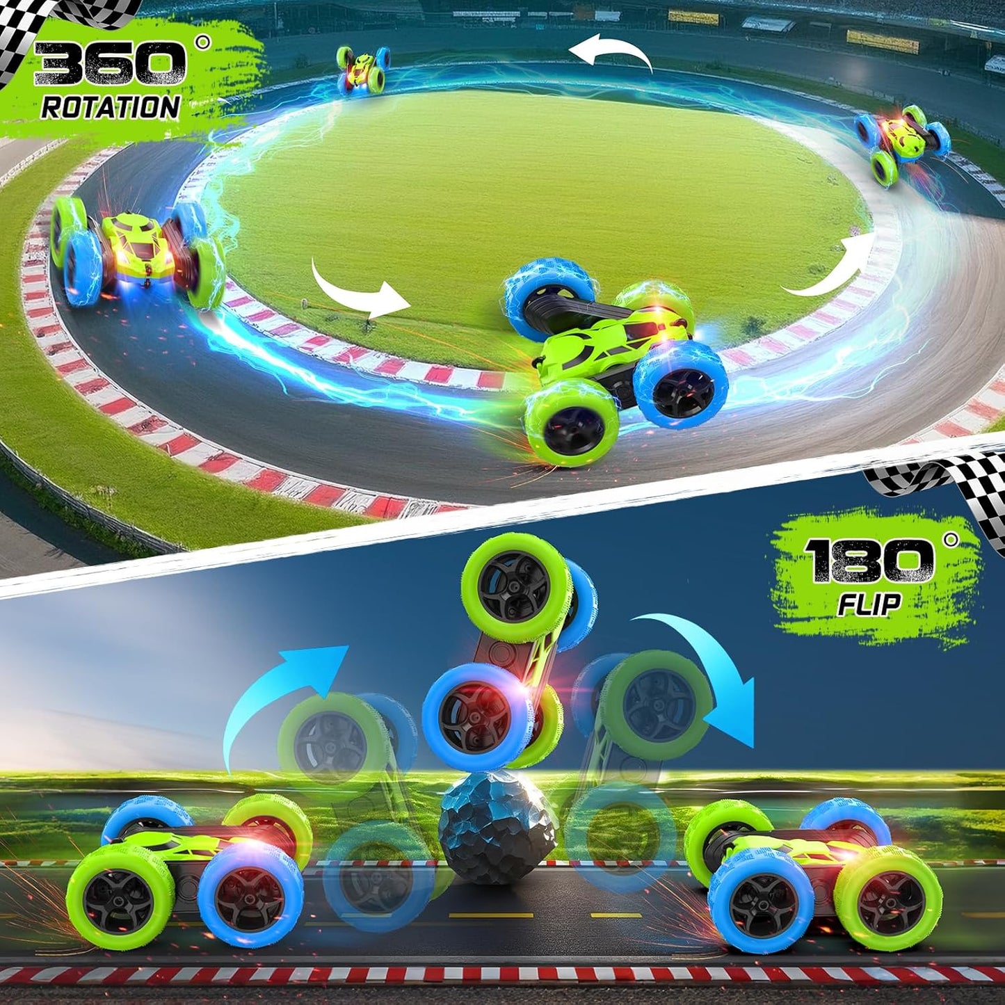 cosone Remote Control Car Toys for Boys - 4WD 2.4Ghz Double Sided 360° Rotating All Terrain RC Cars with Cool Lights, Kids Birthday for Boys-Blue&Green