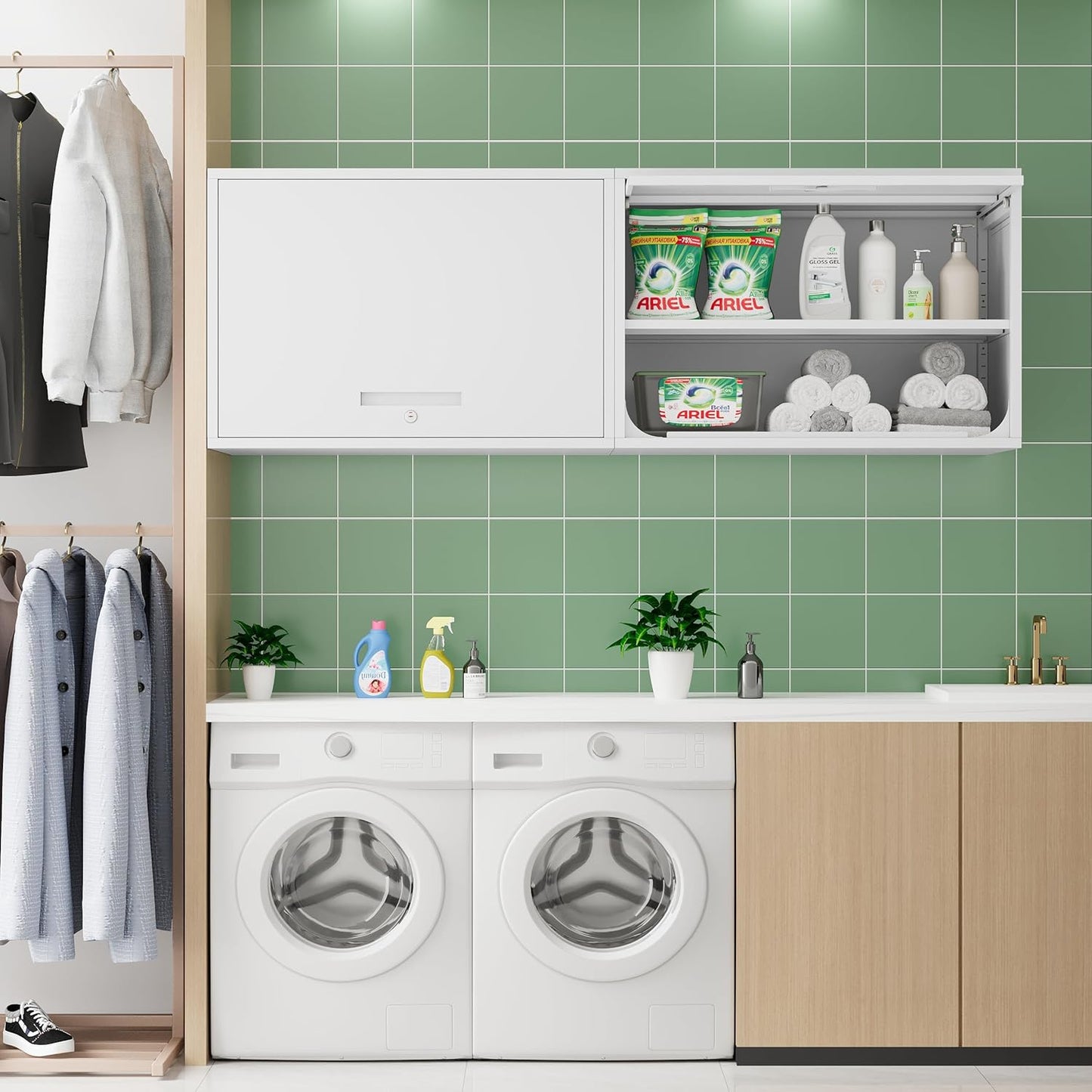 Metal Storage Cabinet White Wall Cabinets with Shelf and Locking Door - Wall Mounted Storage Cabinet for Garage Warehouse Home Office - Assembly Required