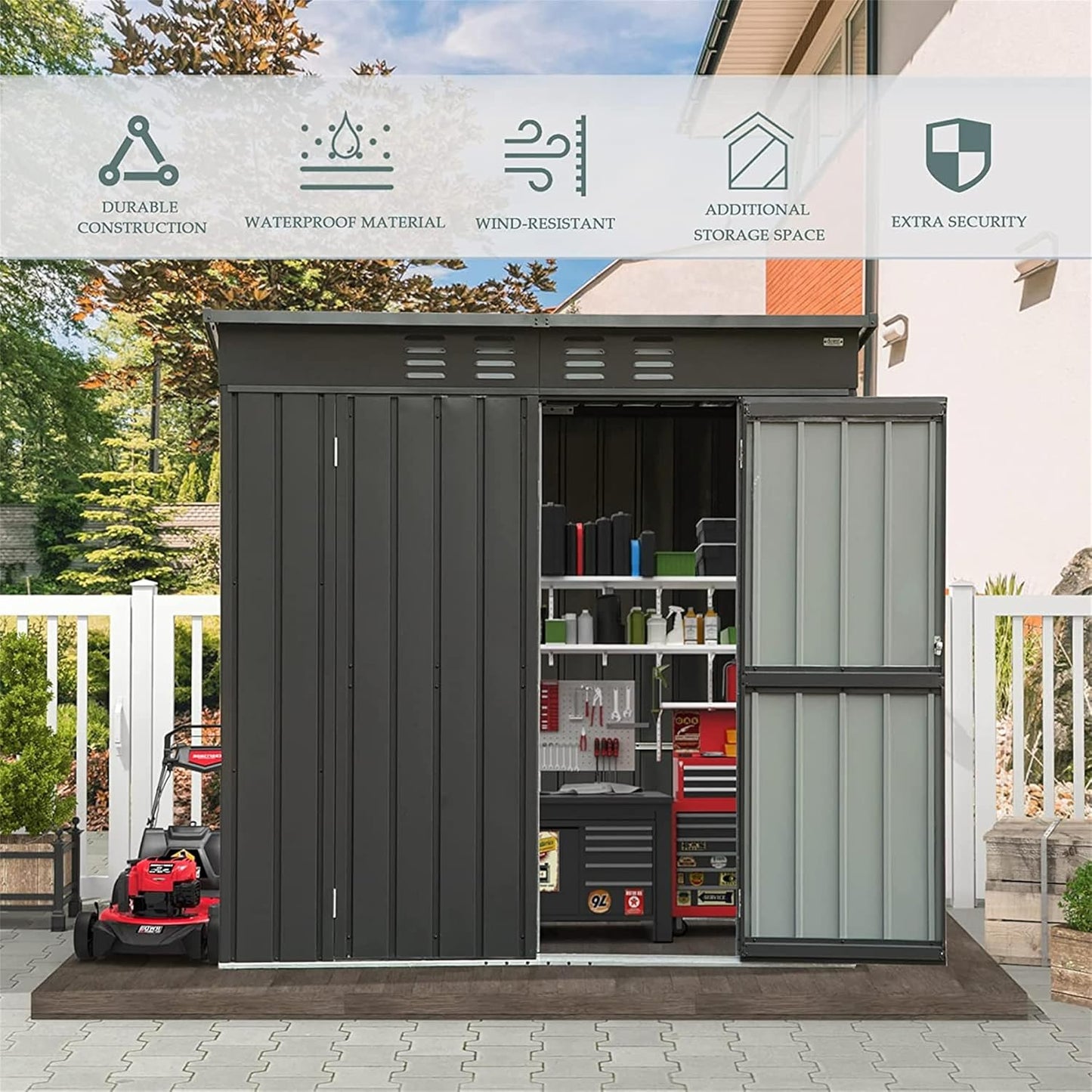 IKERY Galvanized Steel Garden Shed 6' x 4' with Sloping Roof & Lockable Door - Metal Utility Storage Shed for Backyard Tools - Dark Gray