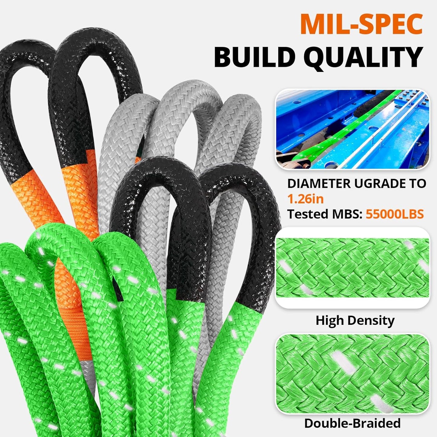 Kinetic Recovery Tow Rope: 1.26" x 30ft 55000LBS Reflective Snatch Strap with Soft Shackles Heavy Duty Offroad Towing Straps Kit for Trucks SUV UTV ATV Tractor Car Jeep - Neon Green