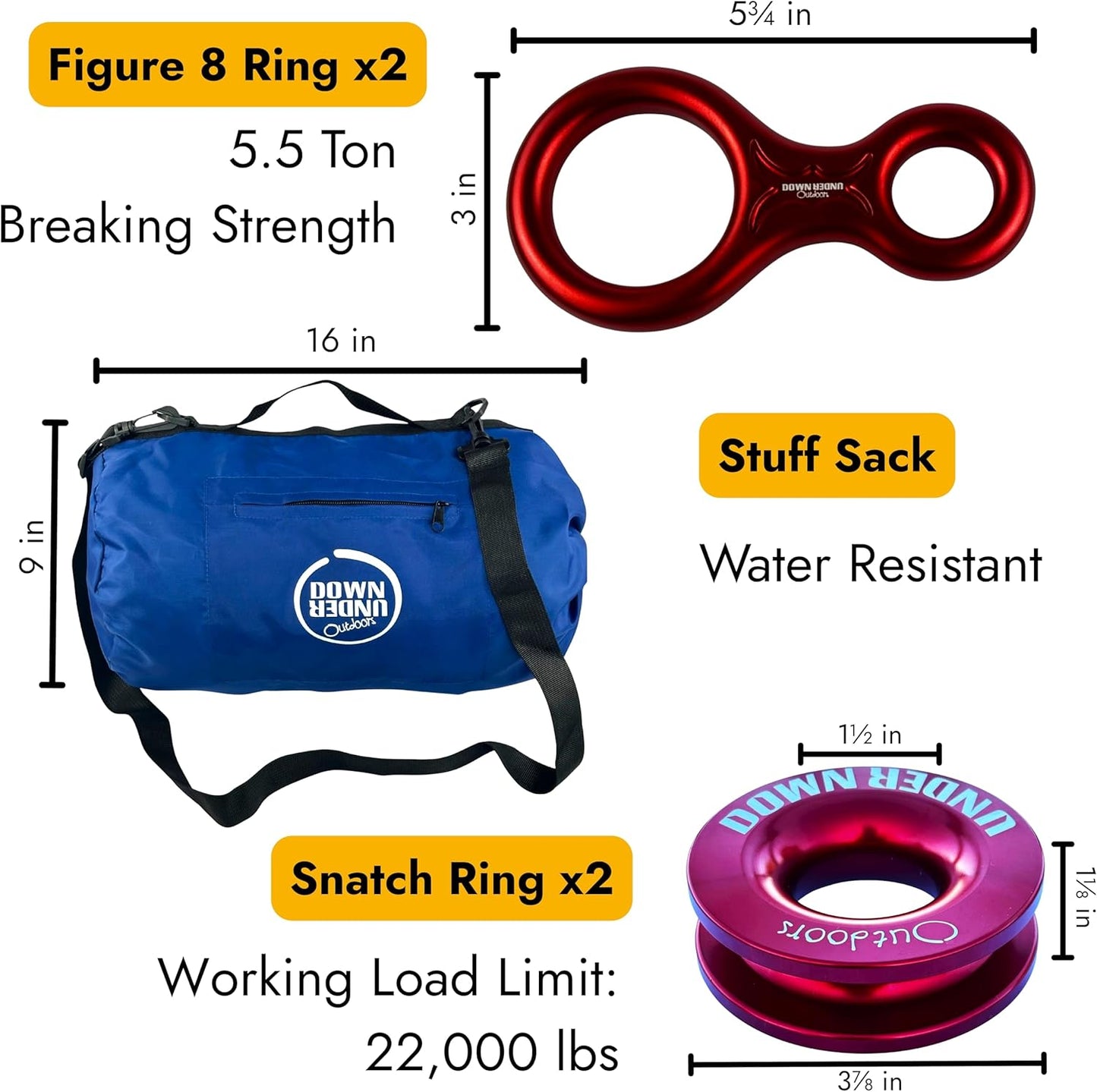 DOWN UNDER OUTDOORS Heavy Duty Game/Log/4x4 Recovery Kit, Deer Drag, 550 ft of 3/8” (23,150 lbs) Winch Rope on Metal Reel, 2 Tree Savers, 2 Soft Shackles, 2 Snatch Rings, 2 Figure 8 Rings, Gear Bag