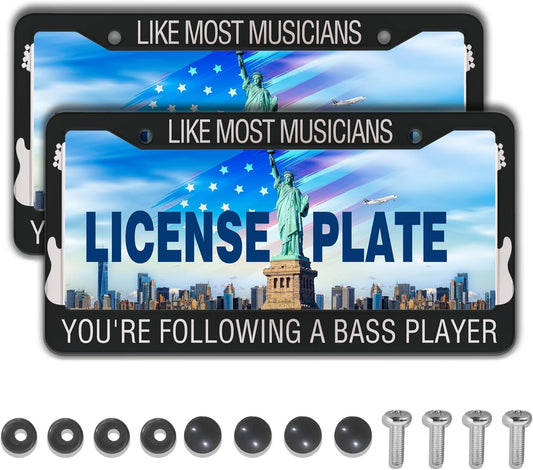 License Plate Frame Holder Black and White License Plate Frames Like Most Musicians Following Bass Player Aluminum Metal Car Accessory 2 Pack with Screw Covers Set