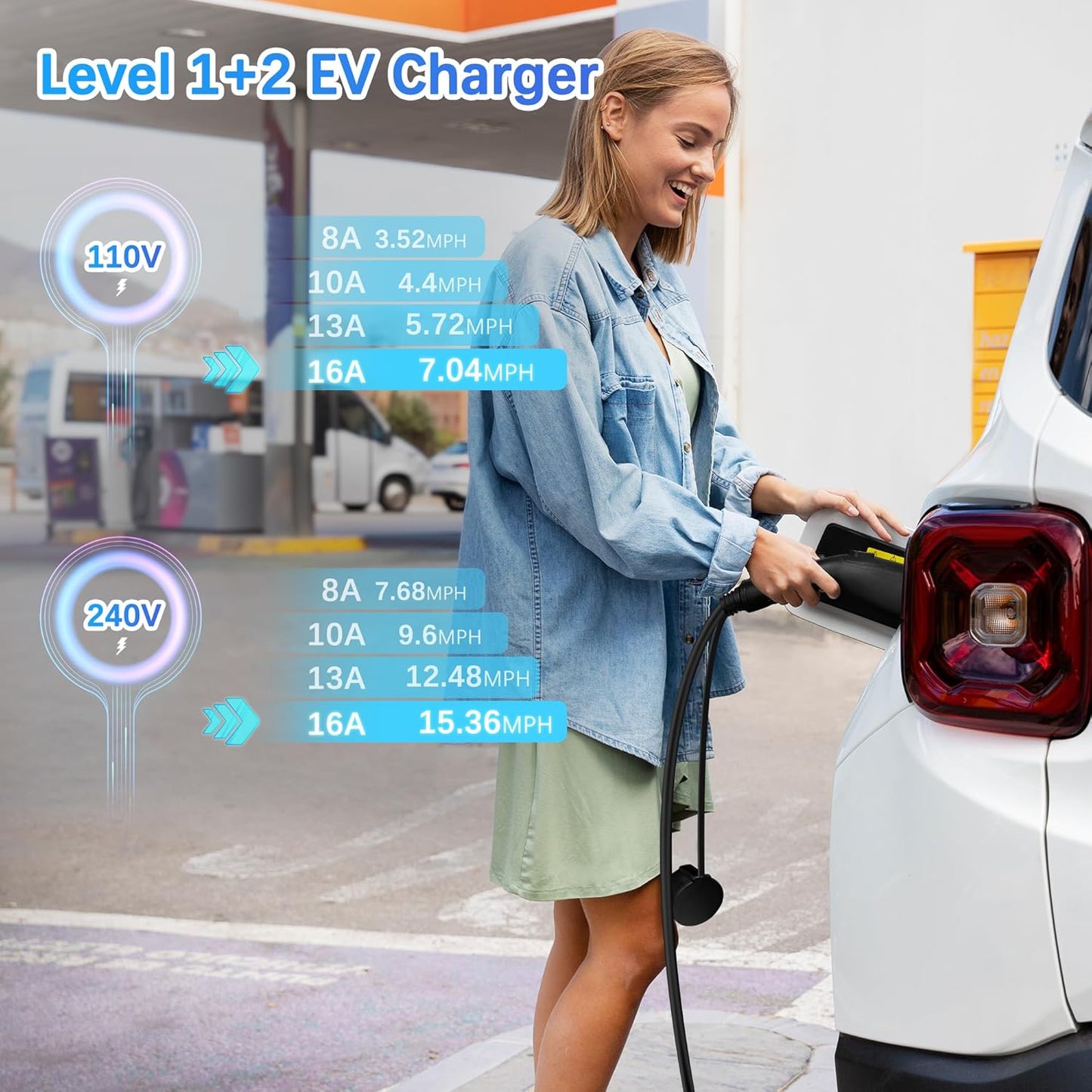 Portable Level 1&2 EV Charger, 16Amp Adjustable Current, Wallbox for Home/Travel, 110V/240V, NEMA 5-15&6-20 Plugs, 24.99FT Cable, Compatible with J1772 Electric Cars, Tesla Needs Adapter