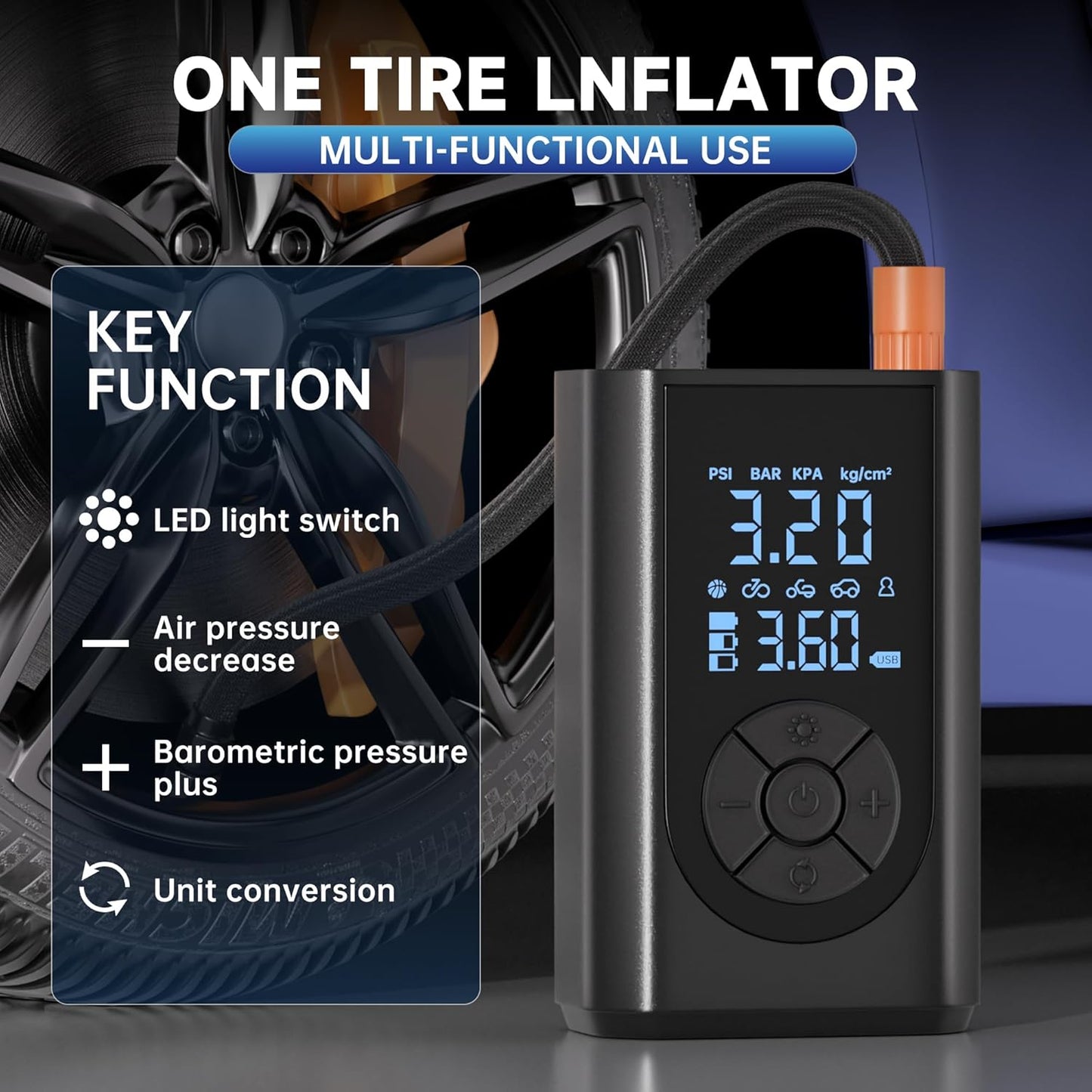 Tire Inflator Portable Air Compressor, 150 PSI Air Pump for Car Tires with Digital Pressure Gauge, LED Light and Auto Shut-Off Function, Portable Air Inflator for Car/Motorcycle/Bike/Balls and More