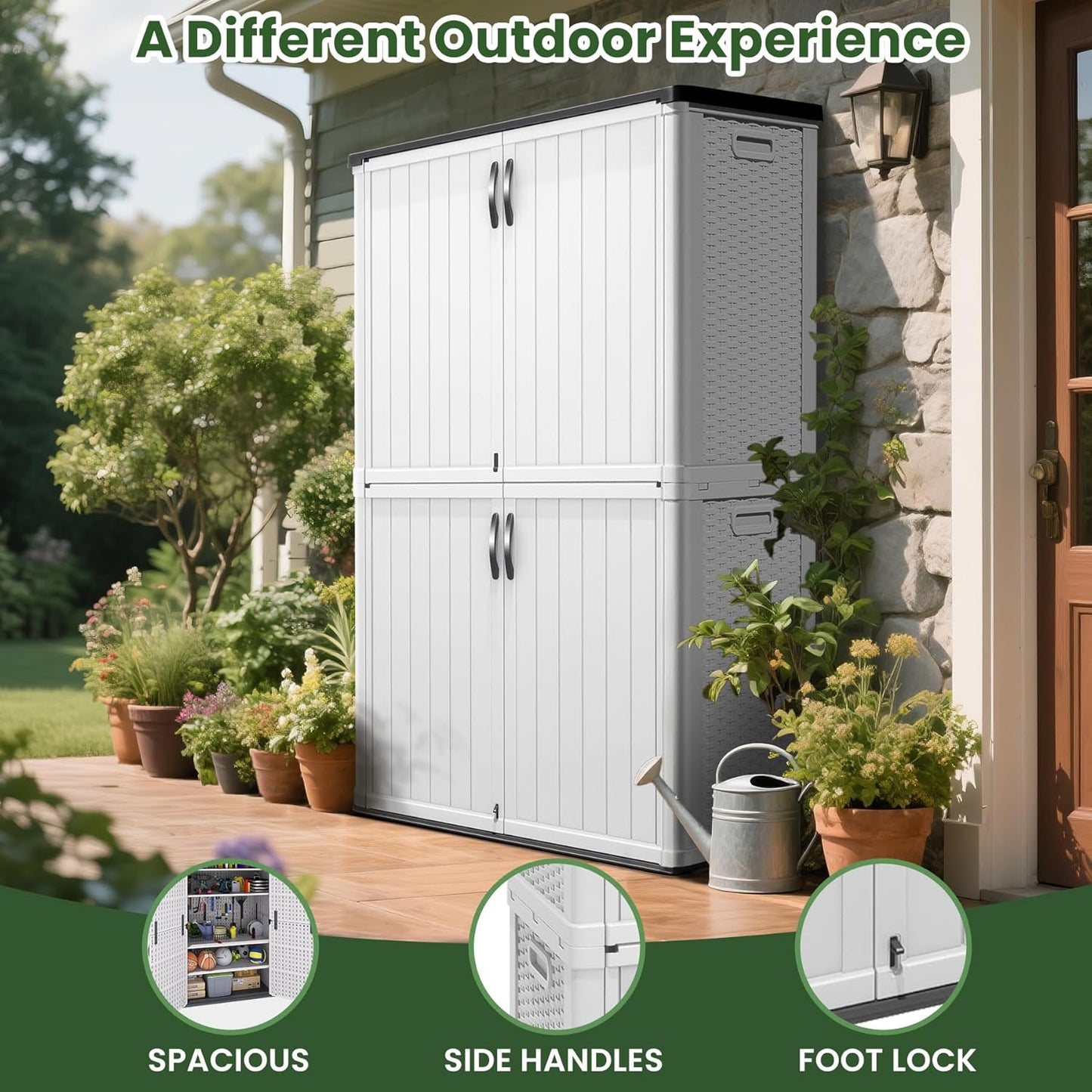 Greesum Outdoor Storage Cabinet Without Shelves, 45 cu.ft Outdoor Waterproof Storage Shed for Garden Tools, Pool Storage, Garbage Cans, White