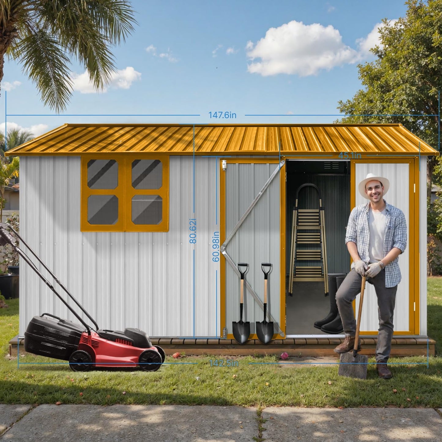 12 x 10 FT Outdoor Storage Shed, Metal Garden Tool Shed with Slooping Roof, Lockable Doors and Aluminum Frames, Easy to Assemble for Garden, Patio, Lawn, White+Yellow