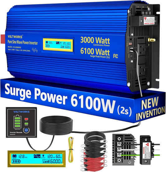 3000 Watt Pure Sine Wave Power Inverter 3000W 12V to 110V 120V AC, 6000W Surge Peak Power for 2 Seconds, UL Fuses, Compatible with Lithium Battery, Car Off-Grid Solar RV Truck Vehicle VOLTWORKS