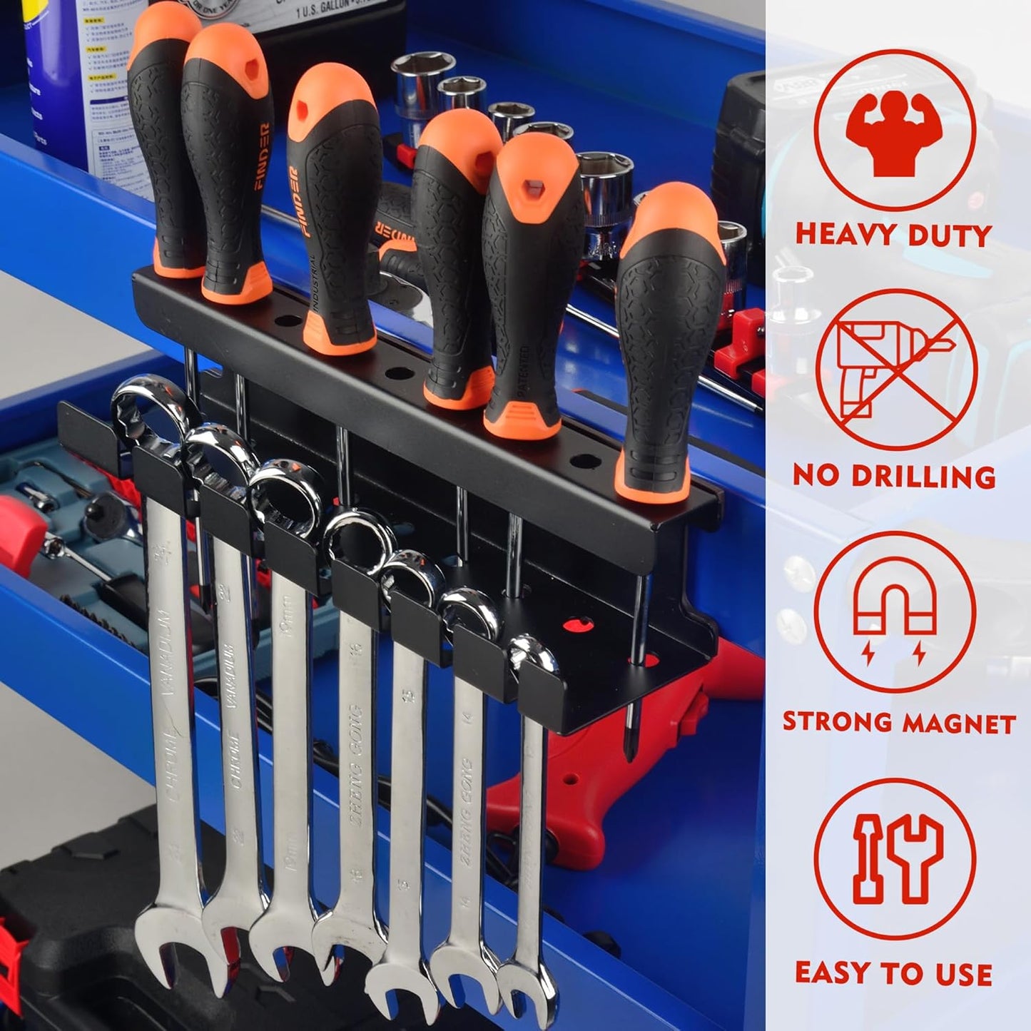 ULIBERMAGNET Magnetic Wrench Holder,Heavy Duty Magnetic Tool Holder,Wrench Screwdriver Shear Organizer Rack Magnetic Mount Tools Rack for Garage,Tool Cart,Pegboards,Workbench
