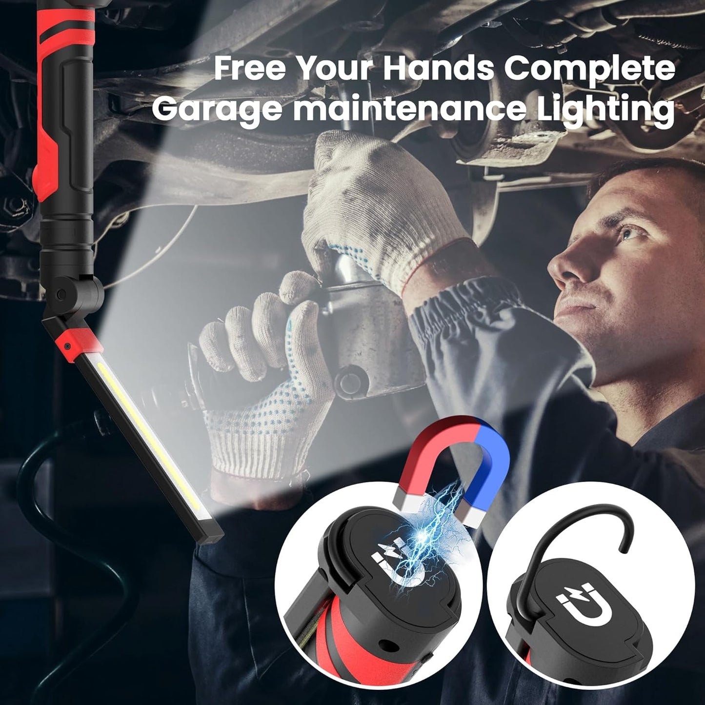 Rechargeable Work Light 2500mAh Magnetic LED Work Light Flashlight Mechanic Light Tool Gifts for Men Him, Foldable Lamp with Hook for Car Repair Emergency BBQ Grill (4 Pack)