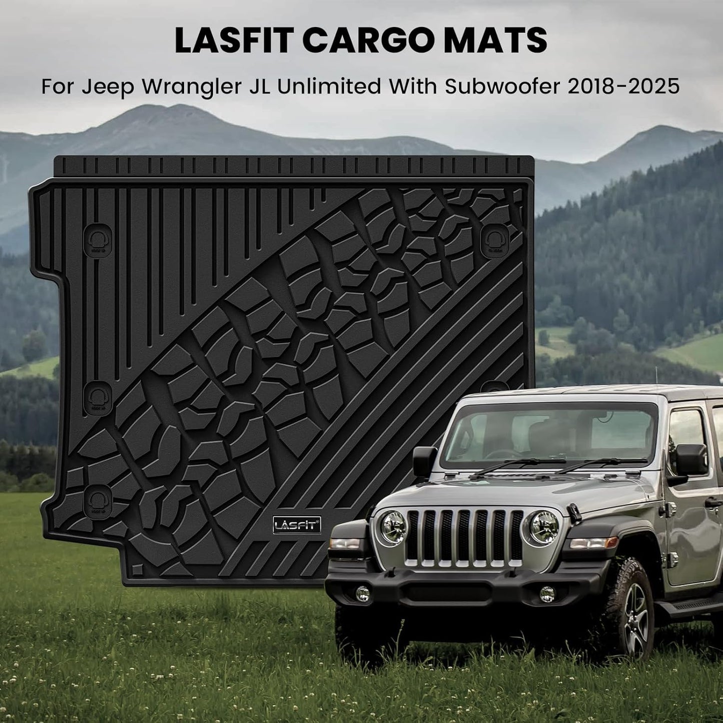 LASFIT Trunk Mat for Jeep Wrangler JL 2018-2025 4 Door Gas Type with Subwoofer and Flat Load Floor (Not for JK/Not PHEV/Not 2-Door) All Weather TPE Custom Fit Cargo Mat, Black
