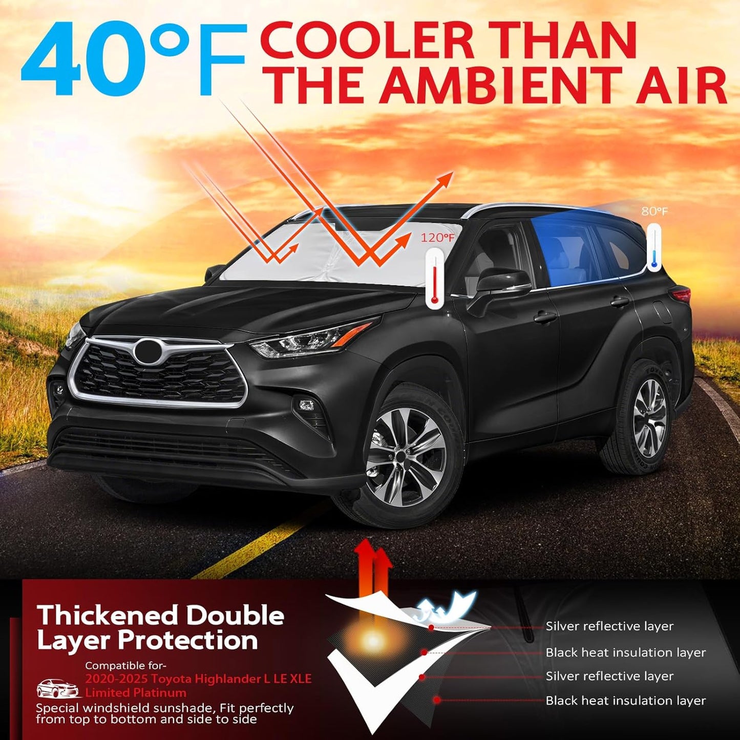 KAYZT Windshield Sun Shade for Toyota Highlander 2020-2025 2026 L LE XLE Limited Platinum Foldable Sunshade Front Window Custom Fit Accessories