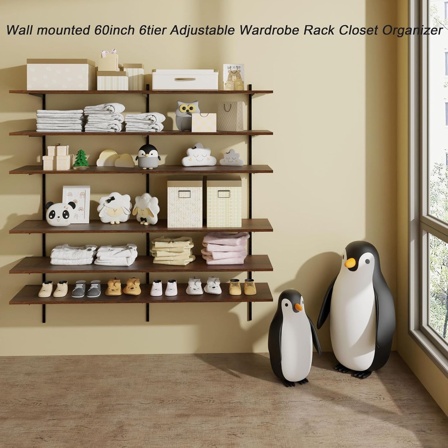 ROGMARS 60" W Garage Wall Mounted Shelving Heavy Duty, 6 Tier Garage Shelves, Adjustable Height Storage Shelving Unit, Wall Shelf Storage Rack Floating Shelves for Warehouse, Pantry, School, Shop