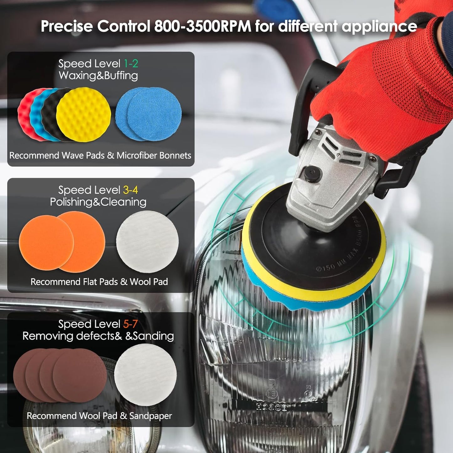 KITLUCK Buffer Polisher, 12Amp 6″/7″ Rotary Polisher for Car Detailing, 1400W 7 Variable Speed Car Buffer Polisher Machine, 800-3500RPM, with Foam Pad, Wool Pad For Car Polishing, Buffing, Waxing