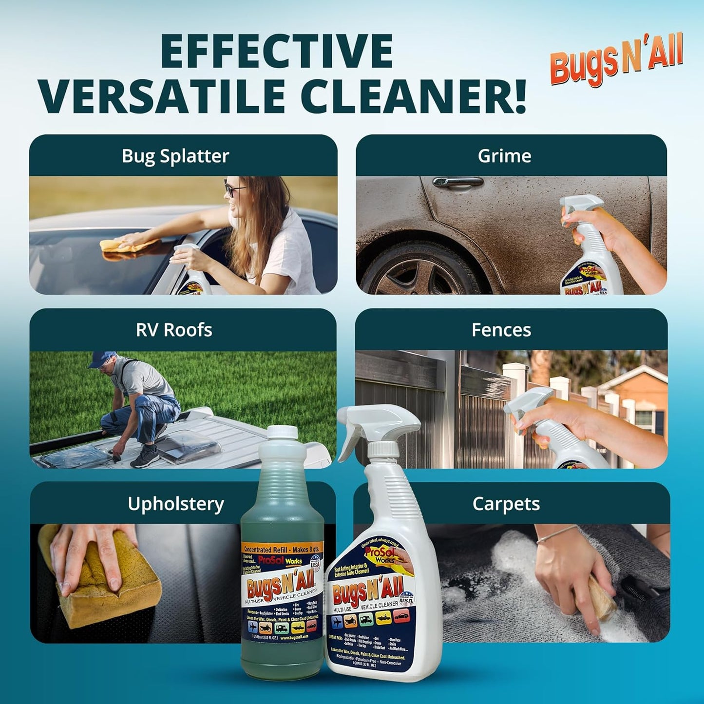 Bugs N’ All Multipurpose Car Cleaner & Degreaser - Bug & Tar Remover Concentrate 32 oz - Exterior Cleaner Safe for Car Paint, Metal, Chrome, Aluminum, Windows & Mirrors - w/Free 32 oz Spray Bottle