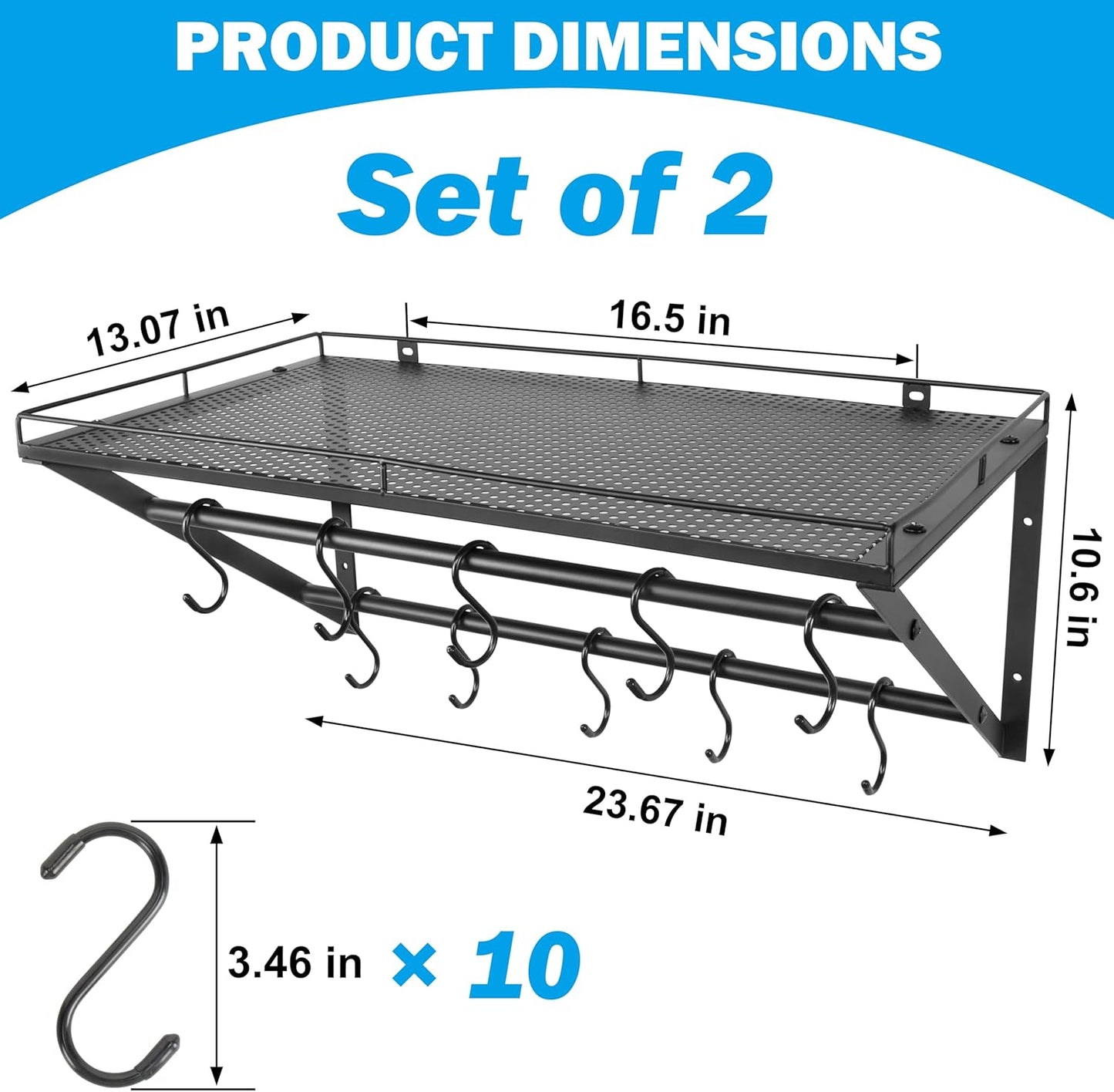 RedCall 2 Pack Garage Wall Shelf with 10 Hooks,23.5" x 13"Wall Mounted Storage Shelves with 2 Hanging Bars Rack for Garage, Closet, Laundry Room,Heavy Duty Metal Shelves
