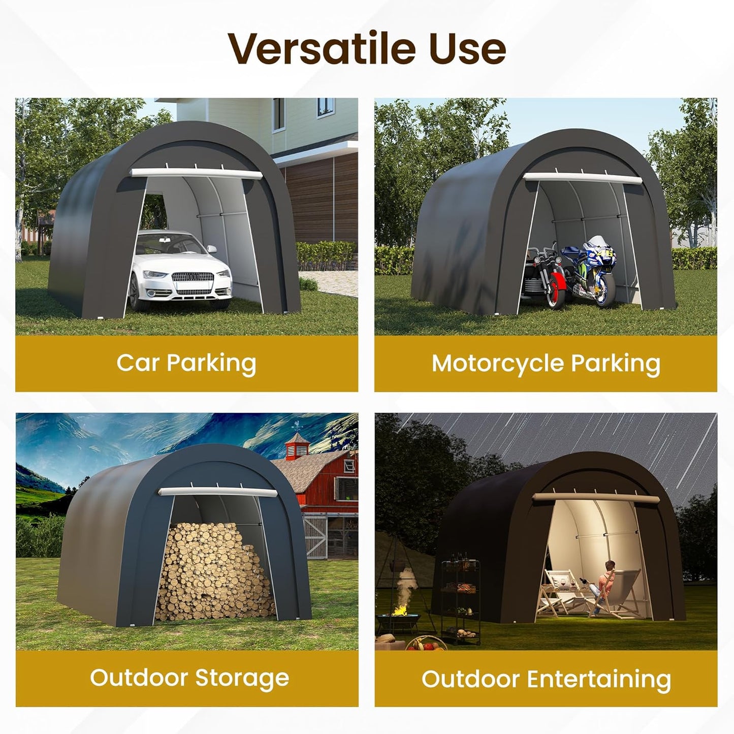 Kiss the Water Carport, Round Portable Garage, Steel Heavy Duty Carport with Ground Stakes, Tensioner and 2 Roll Up Windows PE Fabric Car Port, Garage, Storage Shed, Tent for Storage, SUV (10x15 Ft)