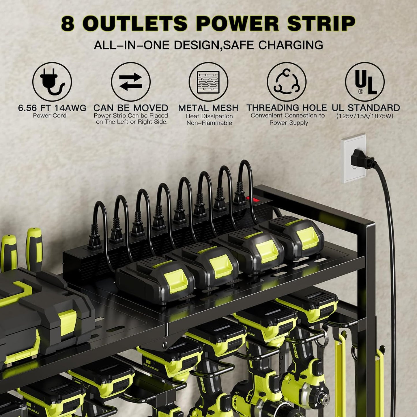 Large Power Tool Organizer Cart with Charging Station 8 Drill Holder Garage Storage Standing Heavy Duty and Stability Storage Rack Utility Tool Shelf (Black)