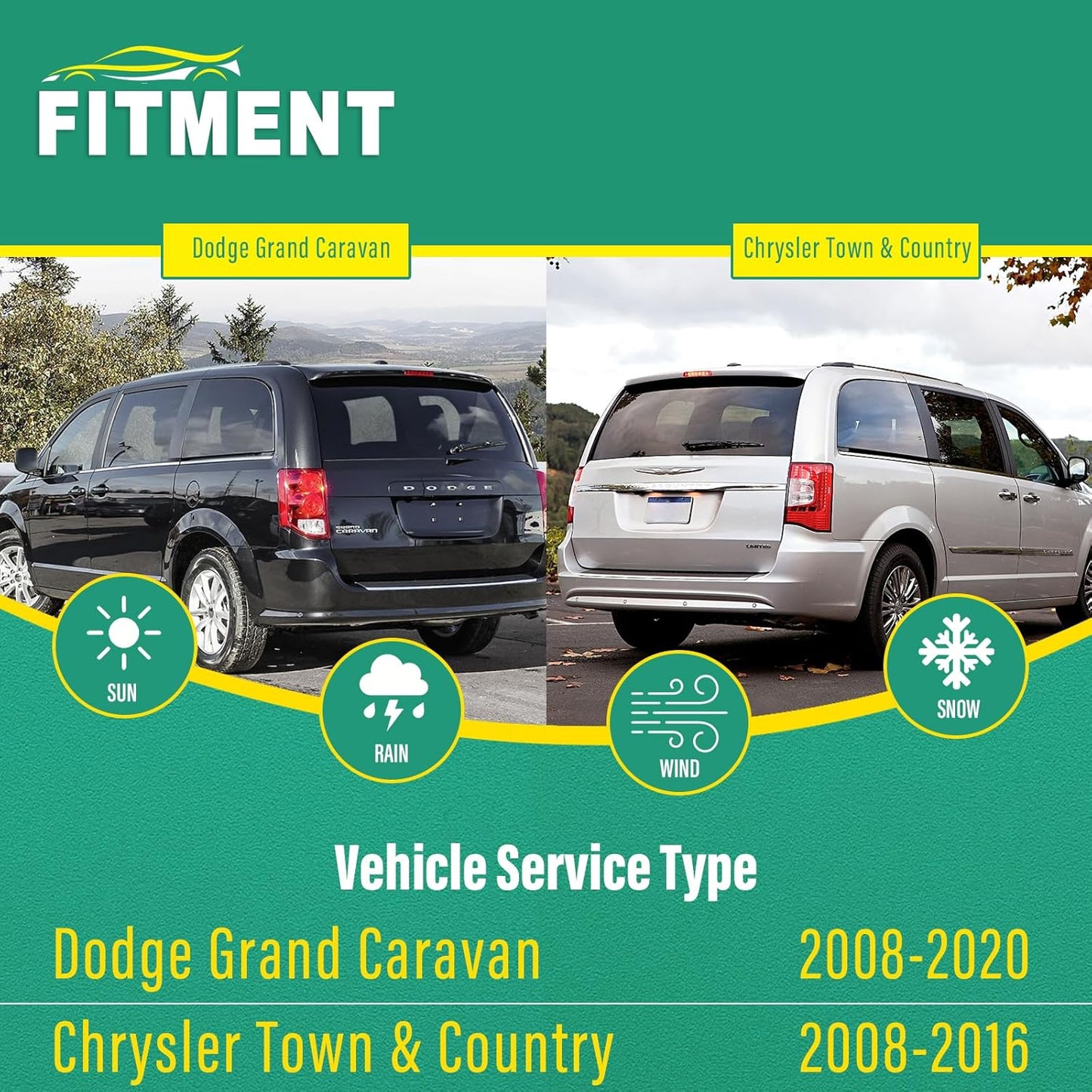 26" 20" 16" Windshield Wiper Blades Replacement for Dodge Grand Caravan 2008-2020 / Chrysler Town & Country 2008-2016 Premium All Weather Front Rear Wipers Set for My Car - OEM Quality (Pack of 3)