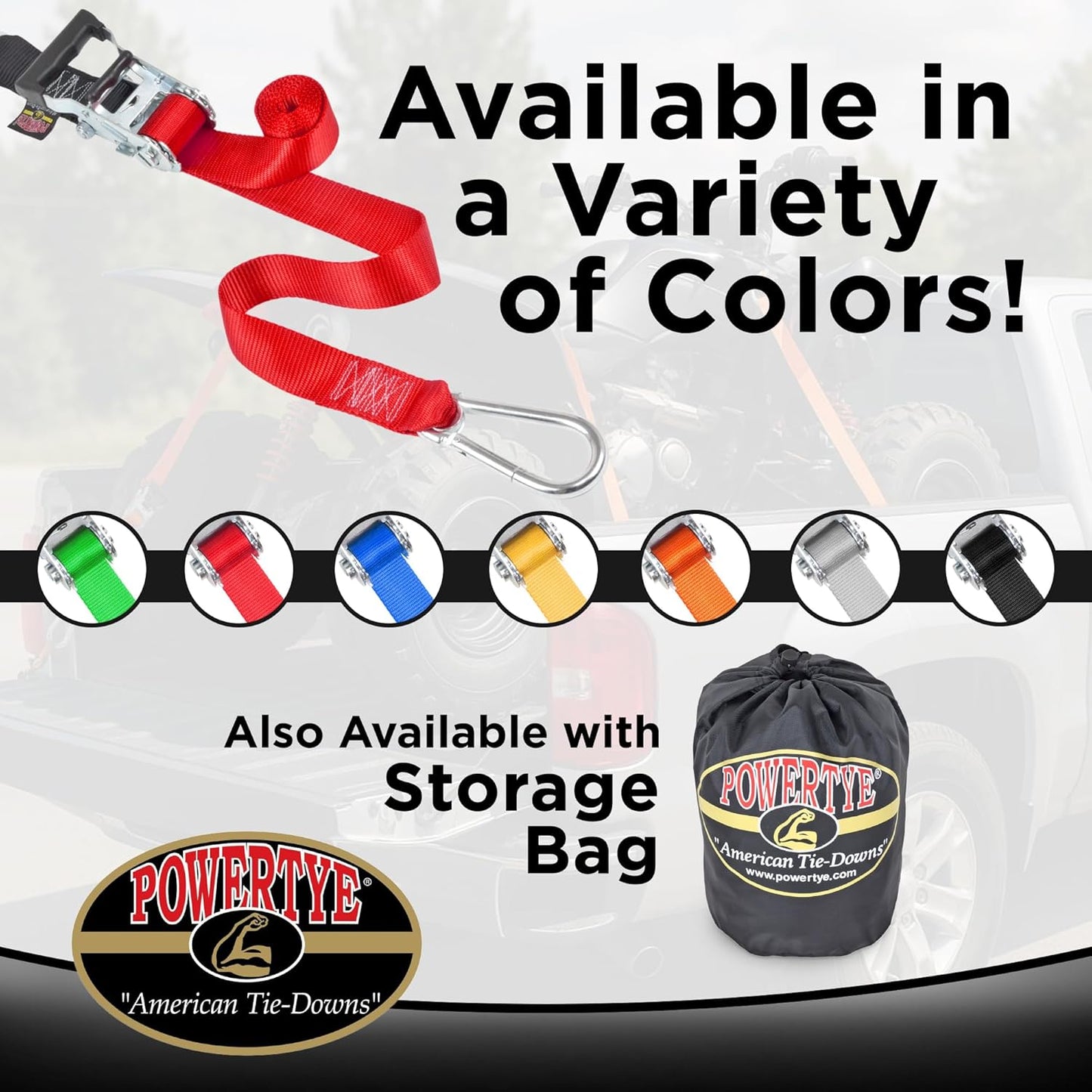 PowerTye - Made in USA - Heavy Duty Ratchet Tie Down Straps with Carabiner Hooks & Sewn-in Soft-Tye, for Motorcycle, ATV, Trailer & Cargo, 1,000 lb WLL, 1.5 inch x 6.5ft Long, Green/Black (Pair)