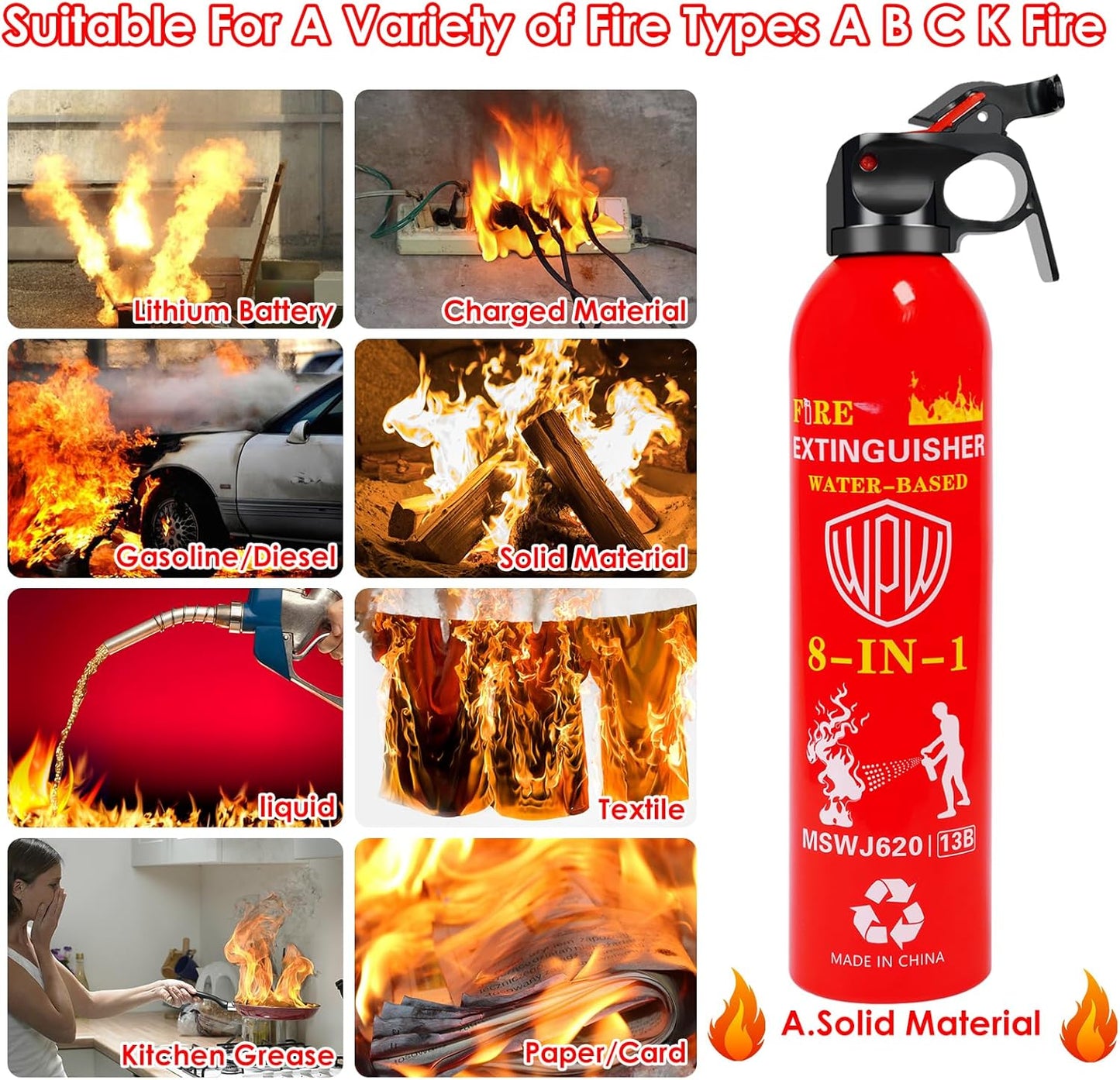 WPW 620ml Large Upgraded 8-in-1 Fire Extinguisher for Home with Wall Mount Portable Fire Extinguisher For Vehicle Car Boat House Kitchen Emergency Supplies, Water-Based Solution For A, B, C, K Fire