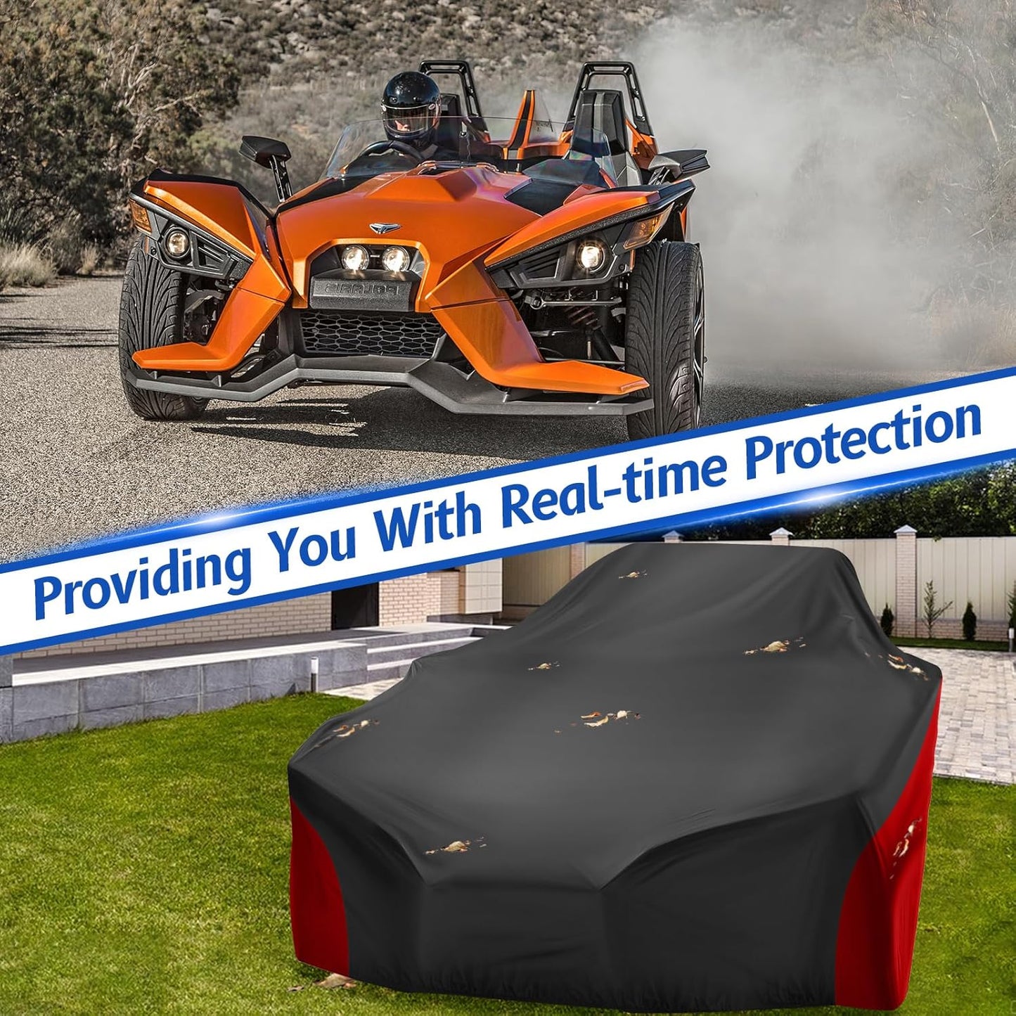Full Cover for Polaris Slingshot,Waterproof Windproof Sunproof Outdoor Protection Compatible with Slingshot/S/SL/SLR/SLR LE,with Fabric Straps,Black&Red