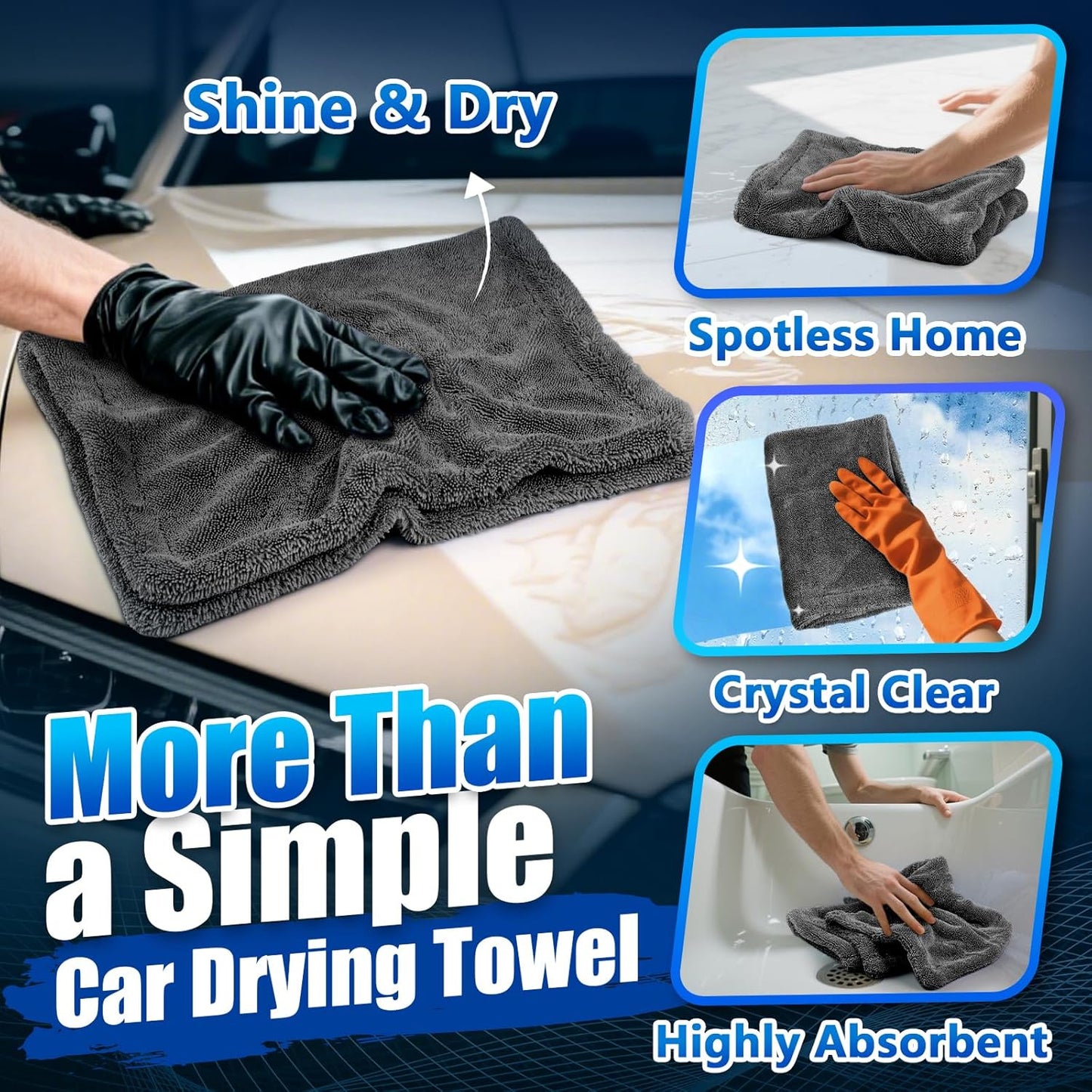 Airlab Microfiber Towels for Cars Wash Drying Super Absorbent Cleaning Cloth Auto Detailing Ultra Soft, Lint-Free, Streak-Free, 24 x 16 Inch, Pack of 1, Dark Grey, 1200 GSM