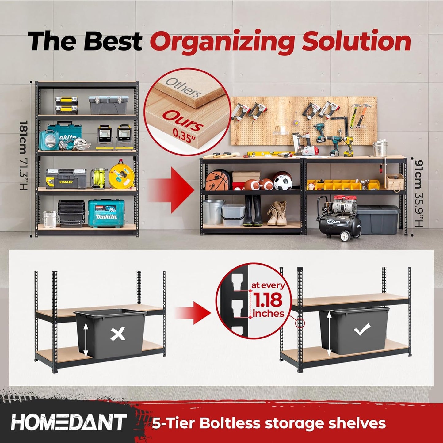 HOMEDANT 5 Tier Laminated Boltless Heavy Duty Garage Storage Adjustable Wide Size Metal Shelving Unit Utility Rack Shelves Organization Multipurpose Shelf Shed Warehouse 47.7"W x 24.1"D x 71.3"H 2Pack