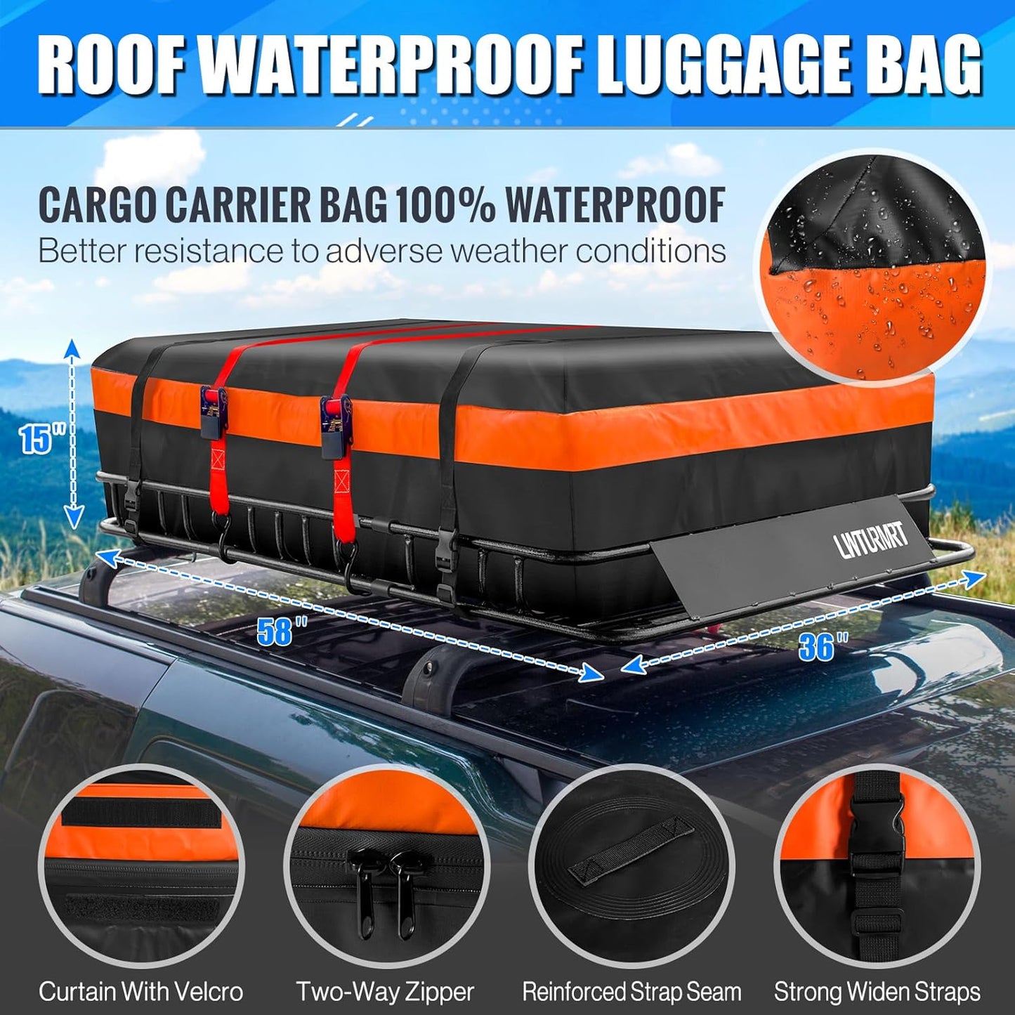 Heavy Duty 58"X36"X5" Roof Rack Basket Universal Rooftop Carrier With Waterproof Bag 18 Cubic Feet (54"X34"X17"), Cargo Net With Grabber